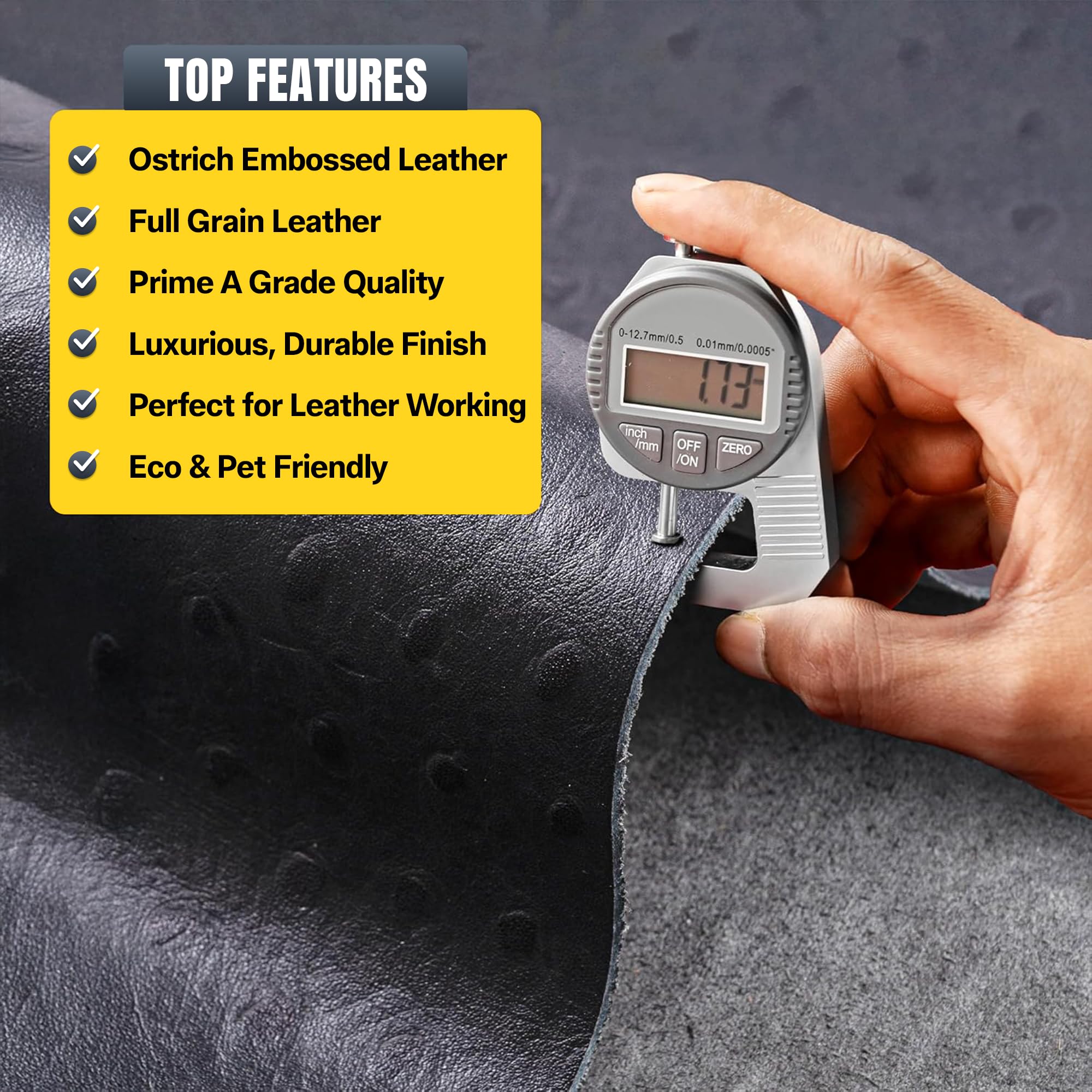 Weaverhandcraft Ostrich-Embossed Buffalo Leather Sheets for Crafting, Sewing, Keychains, Wallets, Belts, Bags, Shoes, Furniture, Home Decor & DIY Projects, 1.2 to 1.8mm Thickness (Black) 1