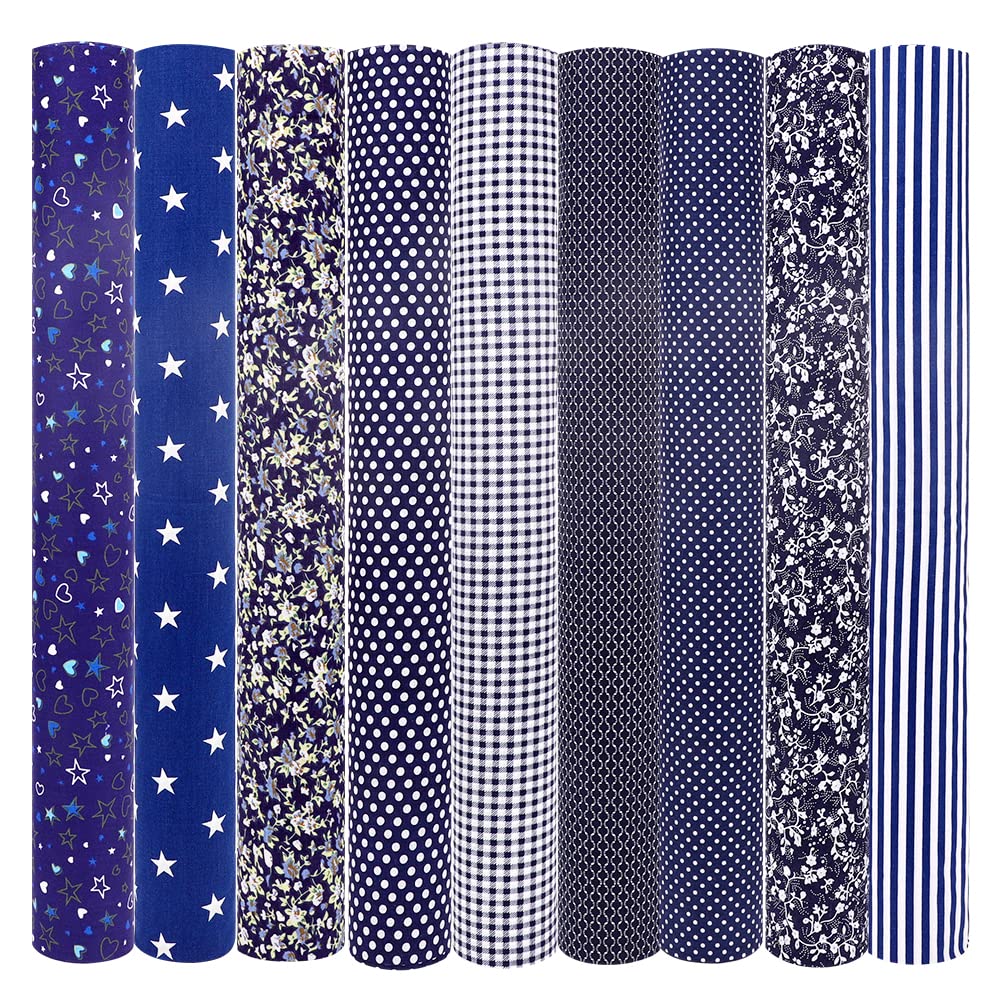 RANJIMA Cotton Fabric, Pack of 9 Cotton Patchwork Fabrics, 50 x 50 cm, Patchwork Fabrics, Cotton Fabric, Sold by the Metre, Fabric Package for Patchwork Quilting for DIY Sewing Patterns, Crafts, Blue