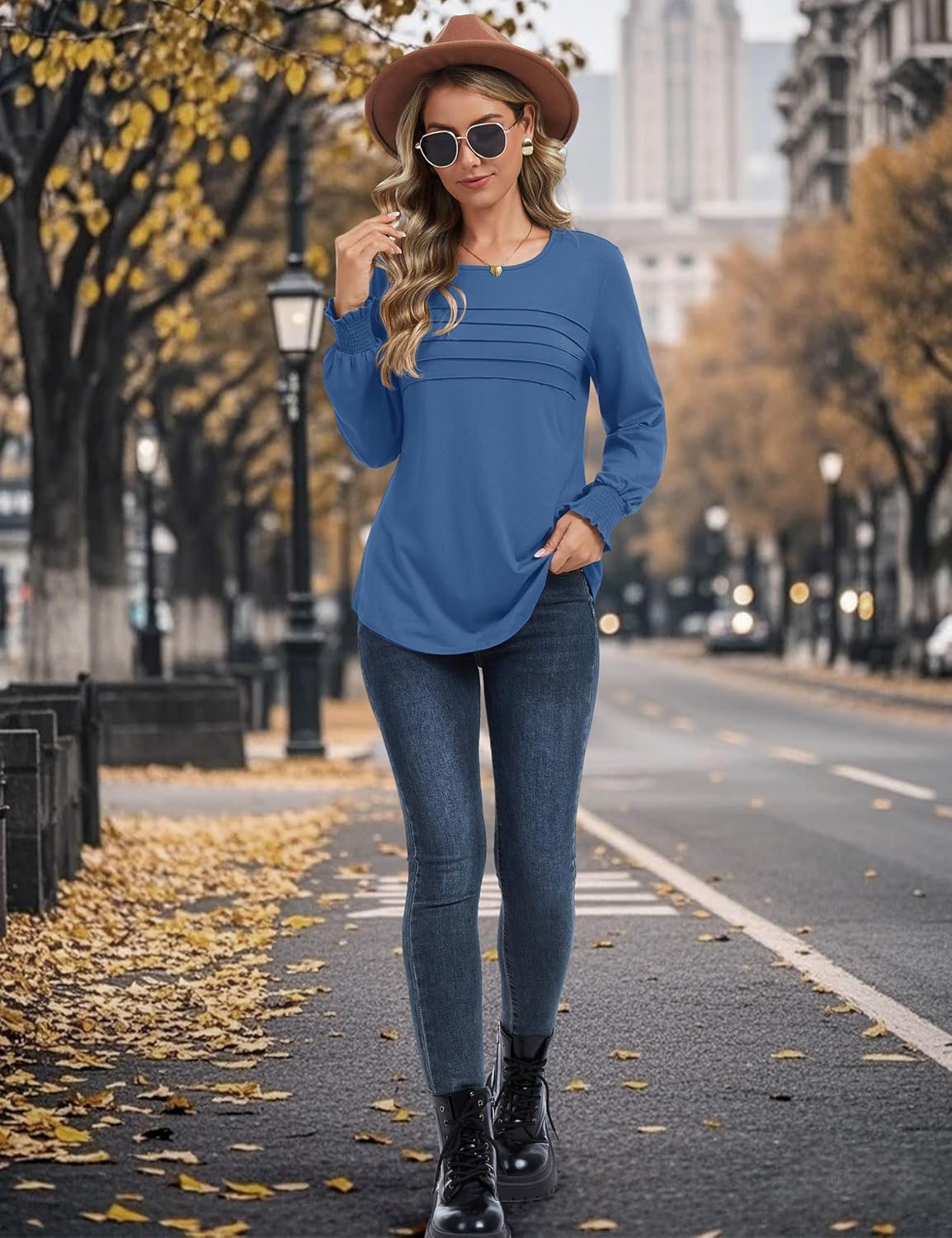 YUCOLEN Long Sleeve Shirts for Women Dressy Casual Business Blouses 2026 Pleated Crewneck Trendy Tunic Tops - Image 7