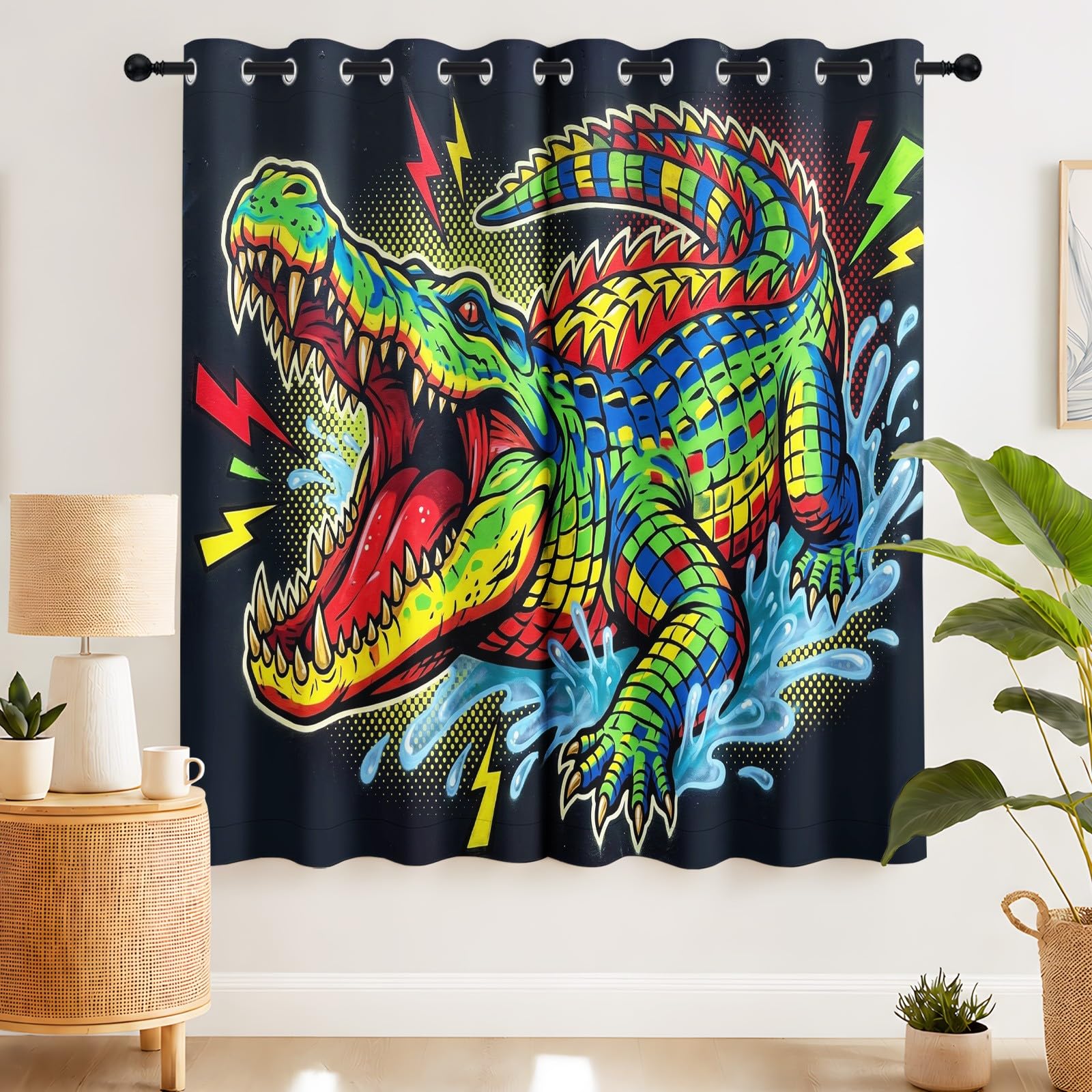 Generisch Pop modne zasłony zaciemniające na przelotkach, zasłona termiczna, krokodyle, komiks, zasłony zaciemniające, wys. 280 x szer. 140 cm, zasłona zaciemniająca do sypialni, pokoju dziecięcego