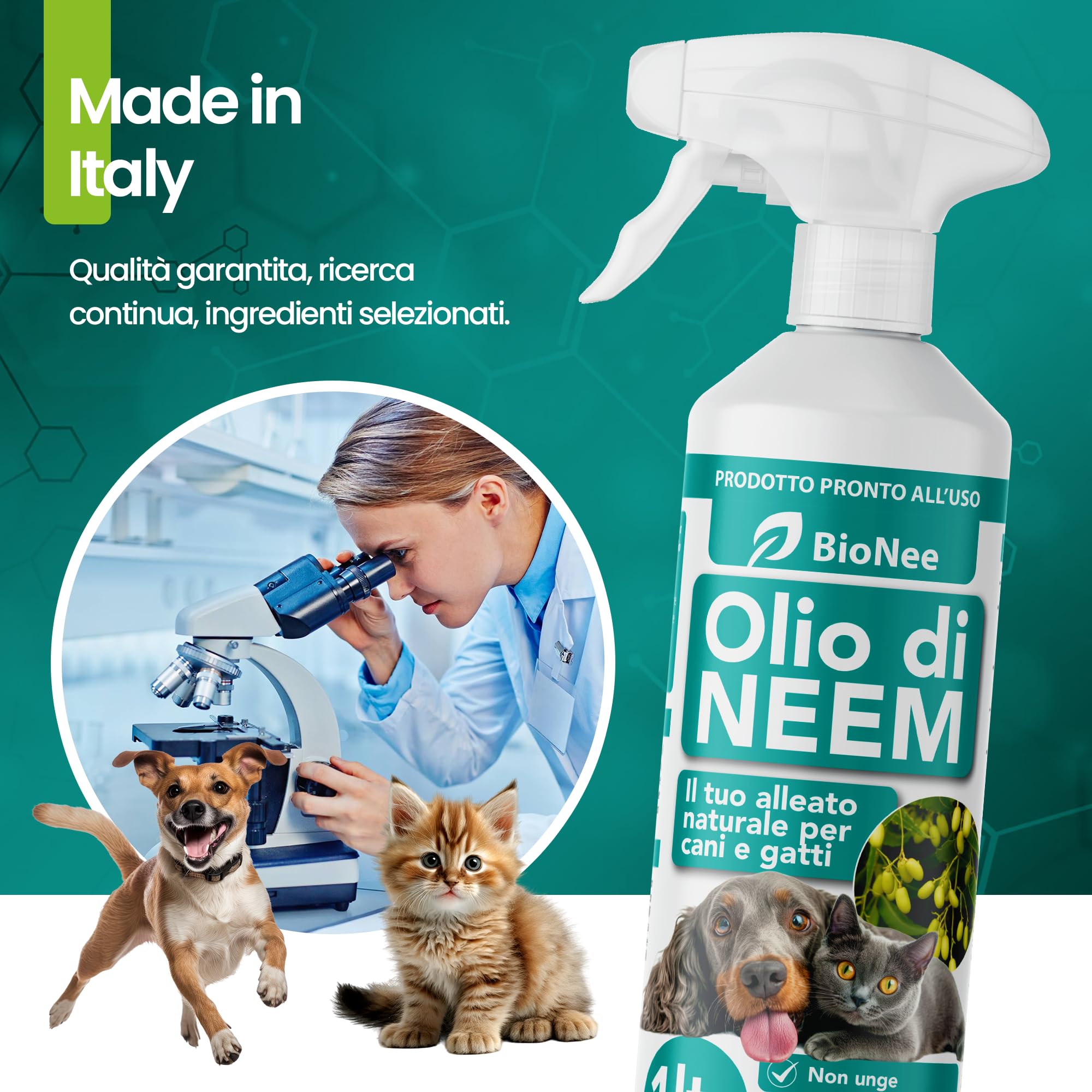 Huile de Neem pour Chiens et Chats Spray 1 L - Hydrosoluble, Naturel, Non Graisse - Action Délicate, Effet Barrière Dégoûté à Tiques Chiques Moustiques Insectes