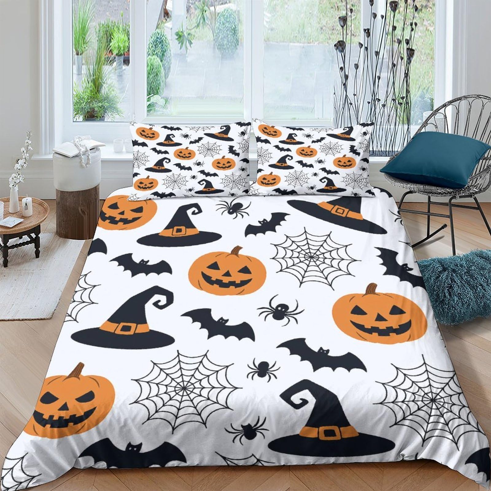 Ctjqhvkz Style-8 3D Printed Halloween Pumpkin Fitted Sheet Microfiber Soft Witch Hat Bed Cover For Bedroom Guestroom Decor Anti-Slip Washable Single（135X200cm）