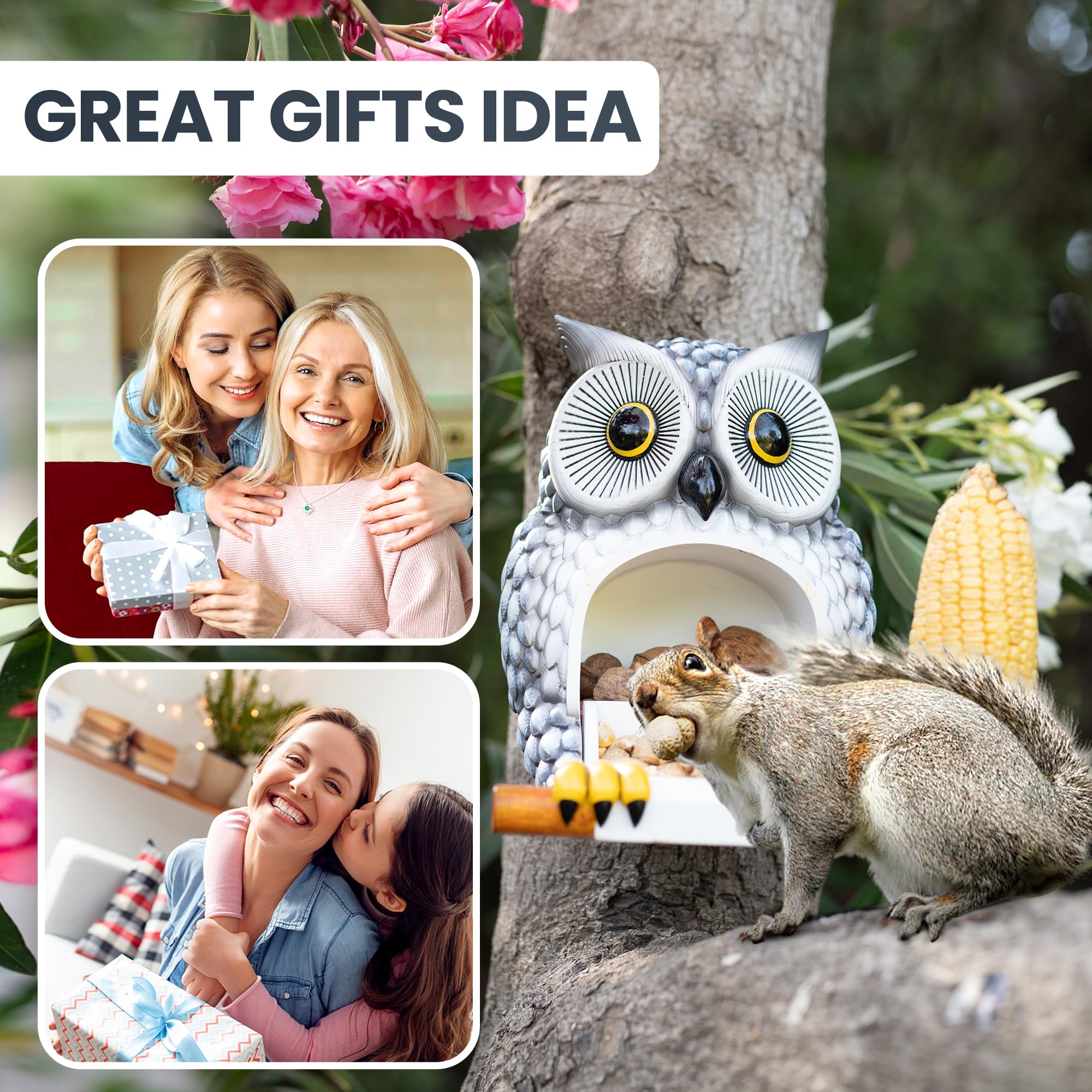 Owl Shaped Squirrel Feeder –Squirrel feeders for Outside –Peanut Feeder for Squirrels –Squirrel feeders for Outdoors, Hanging –Funny Squirrel Feeder -Ideal Chipmunk feeders for Outside (Gray)