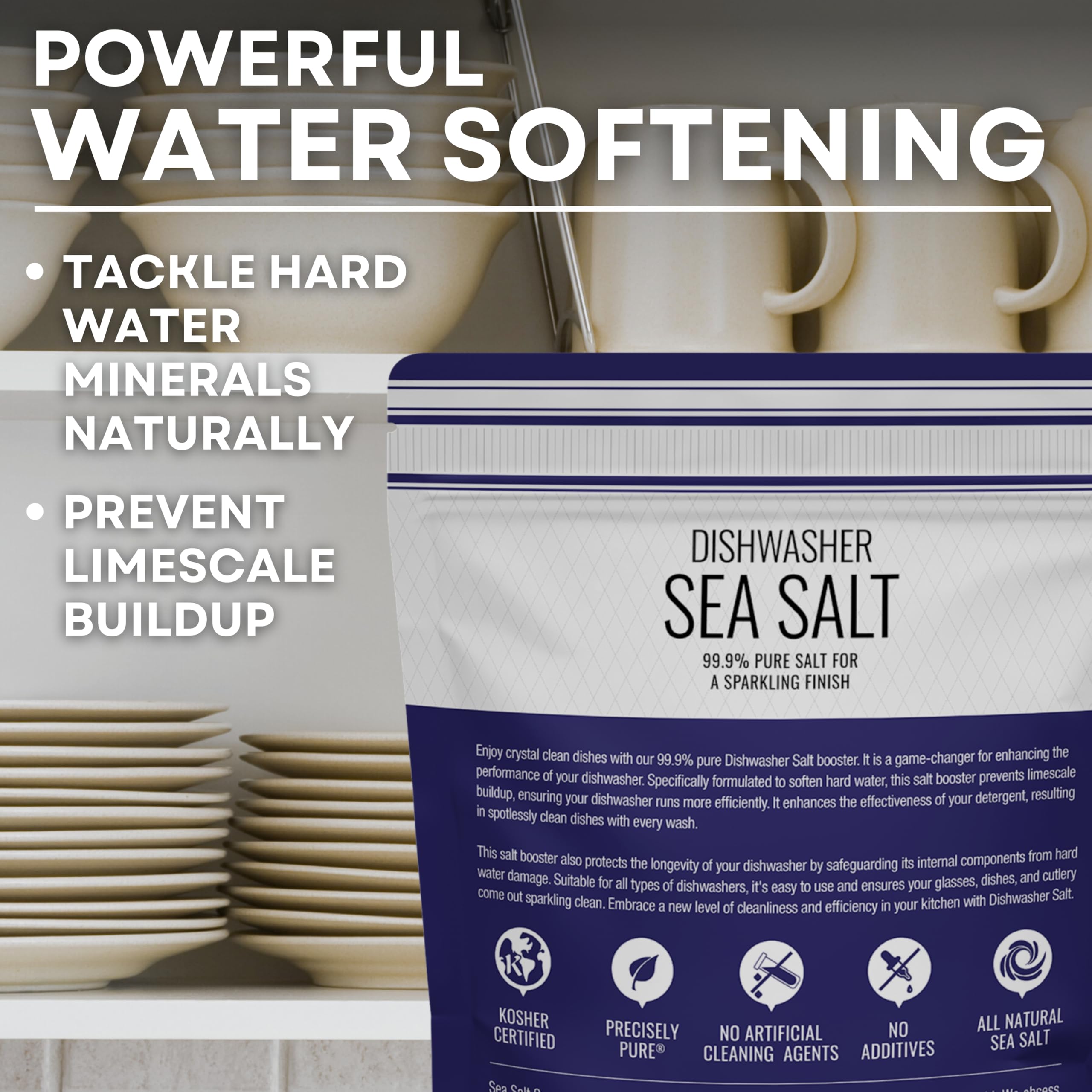 Sea Salt Superstore Lavavajillas - Suavizante de agua totalmente natural para un acabado limpio - Compatible con lavavajillas Bosch, Miele, Thermador, Whirlpool y más - Grueso de grado alimenticio | Sal marina gruesa de grado alimenticio compatible con la