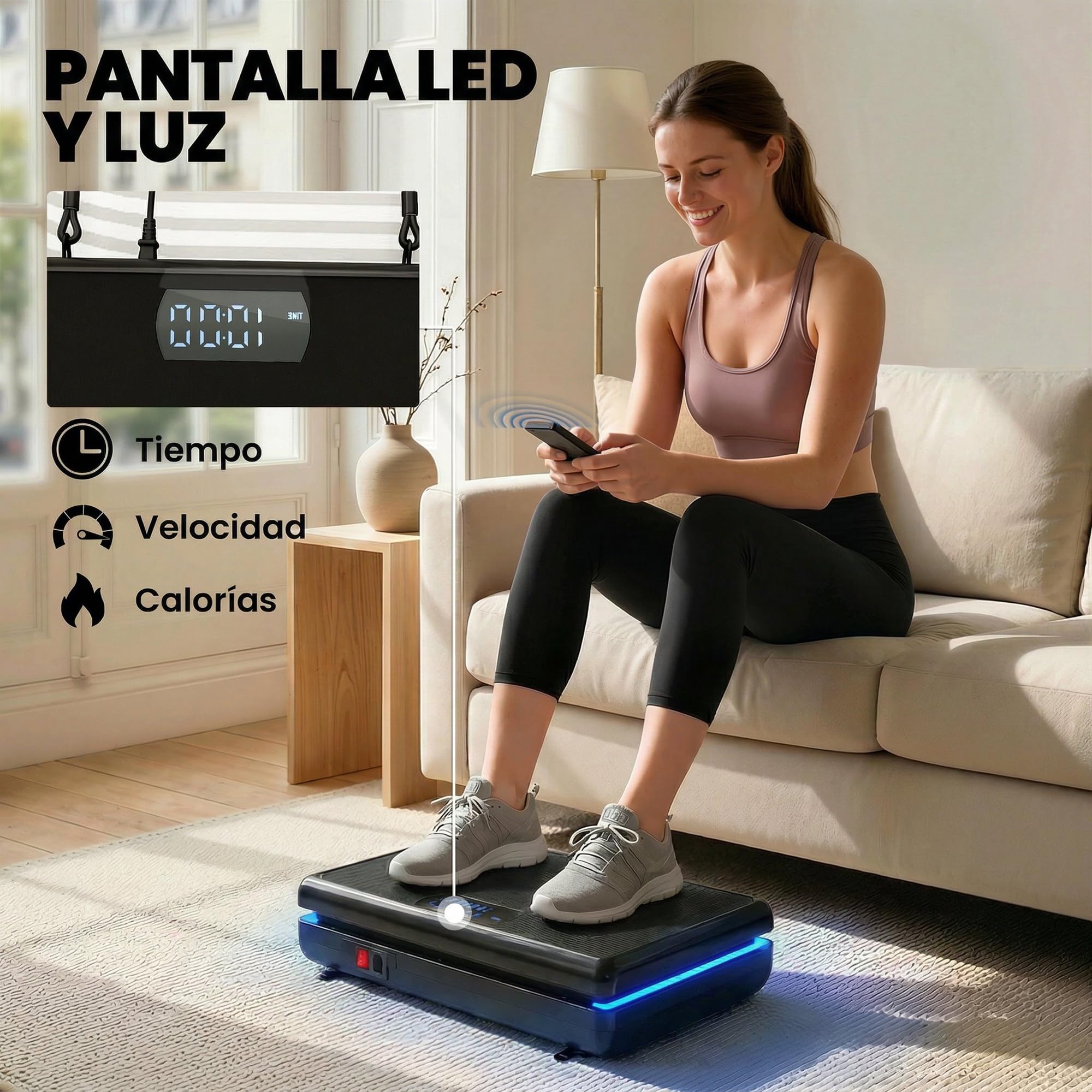 SPORTNOW Plataforma Vibratoria, 120 Velocidades, 5 Programas, Plataforma Vibración Muscular 200W con 2 Bandas Elásticas, Pantalla LED, Luz, Mando a Distancia, Carga 120 kg para Hacer Ejercicio en Casa