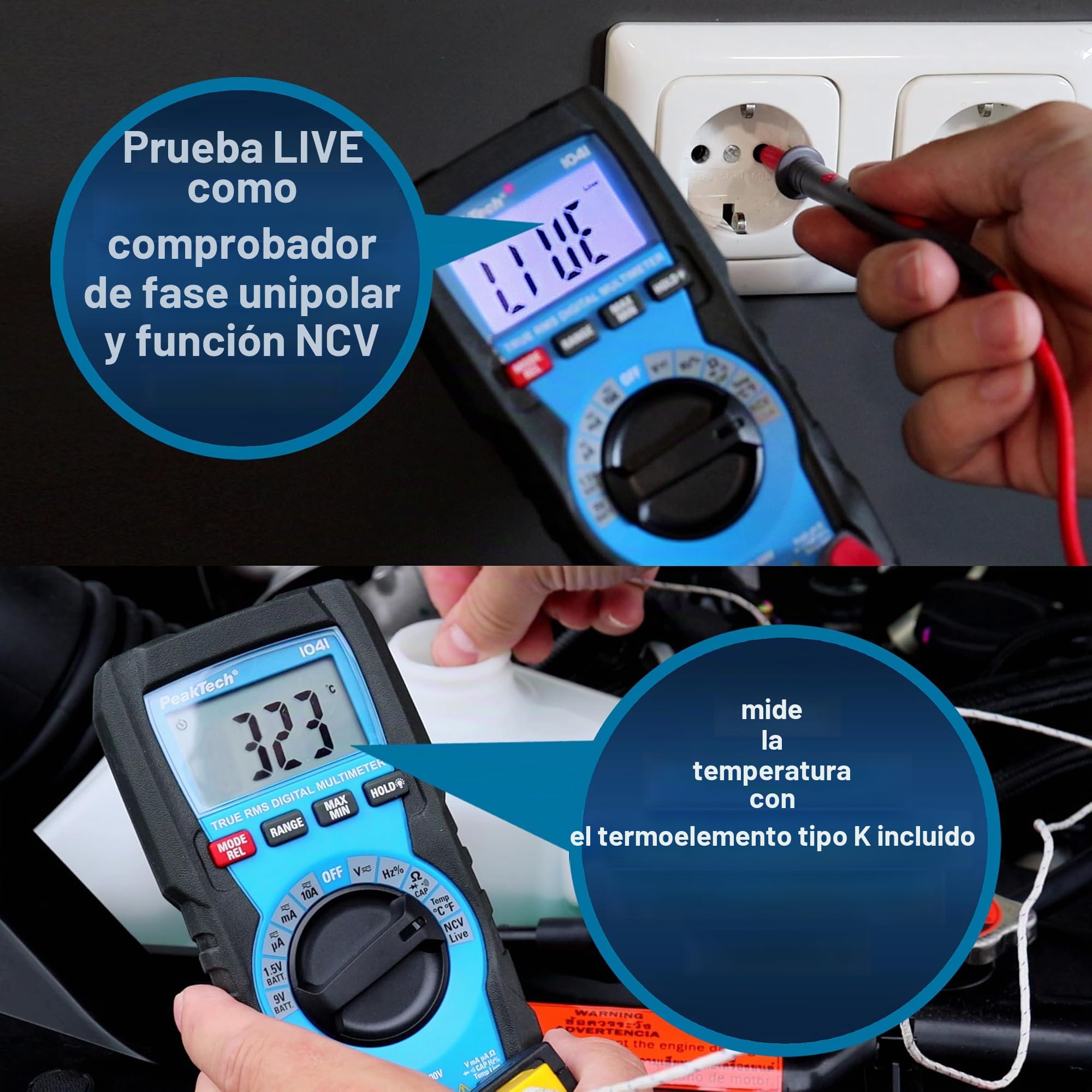PeakTech P 1041 - Multímetro digital TRMS 4.000 cuentas, rango automático, comprobador de tensión, corriente, resistencia, capacitancia y continuidad, Negro
