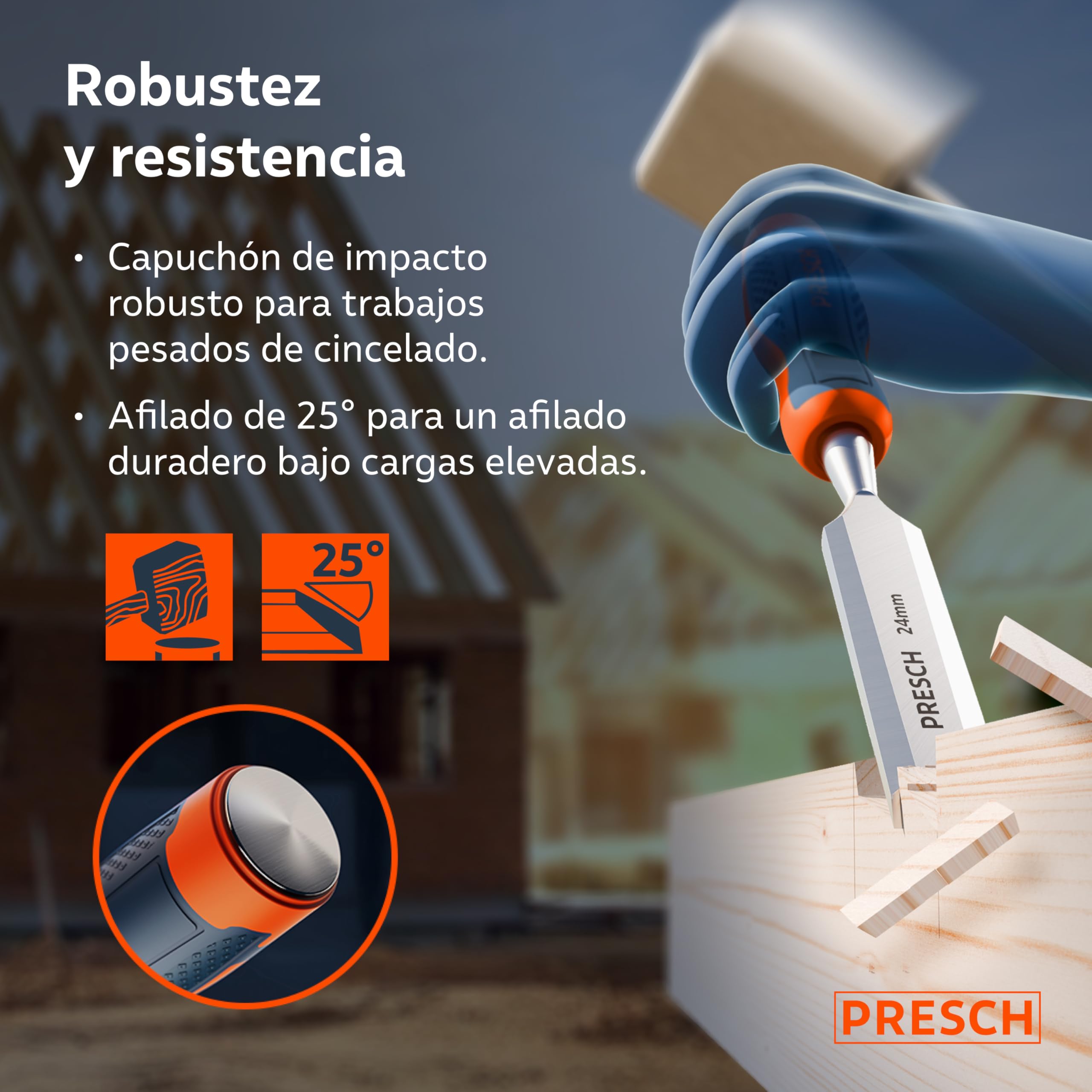 Presch Juego de cinceles para madera 6 uds. - Completamente afilados (6, 12, 18, 24, 32, 38mm) - Con ángulo de cuña de 25° e una robusta caperuza metálica para impactos
