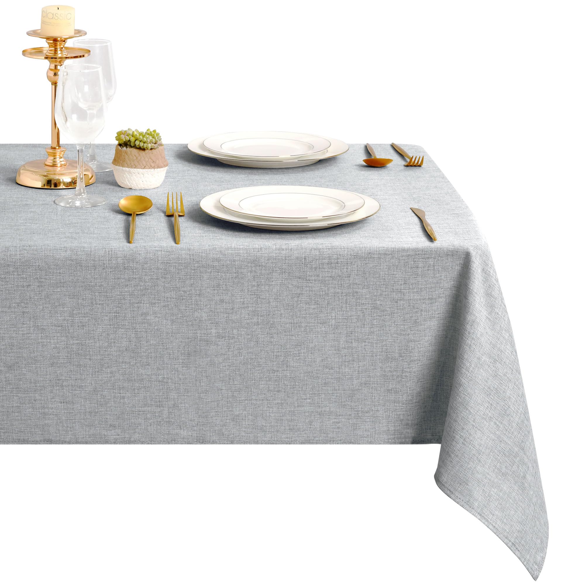 DWCN Hellgrau Tischdecke 110x140cm Leinenoptik Stoff Abwaschbar Outdoor Wetterfest Tischwäsche Wasserabweisend Rechteckig Tischtuch Gartentischdecke für Esszimmer, Garten, Party, Hochzeiten, Haushalt