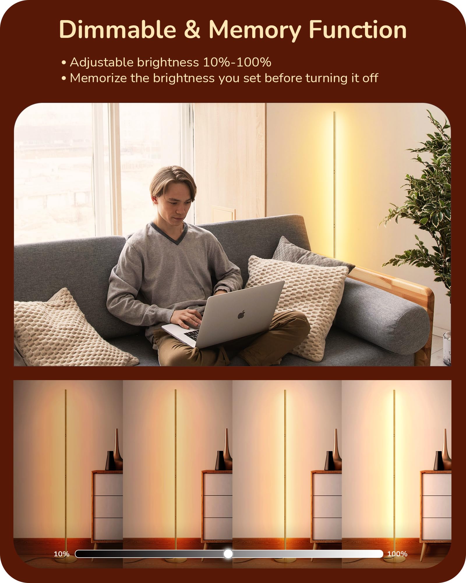 EDISHINE 2 Pack LED Floor Lamp, 146cm Minimalist Dimmable Standing Lamp with Foot Switch, Stepless Dimming - Image 2