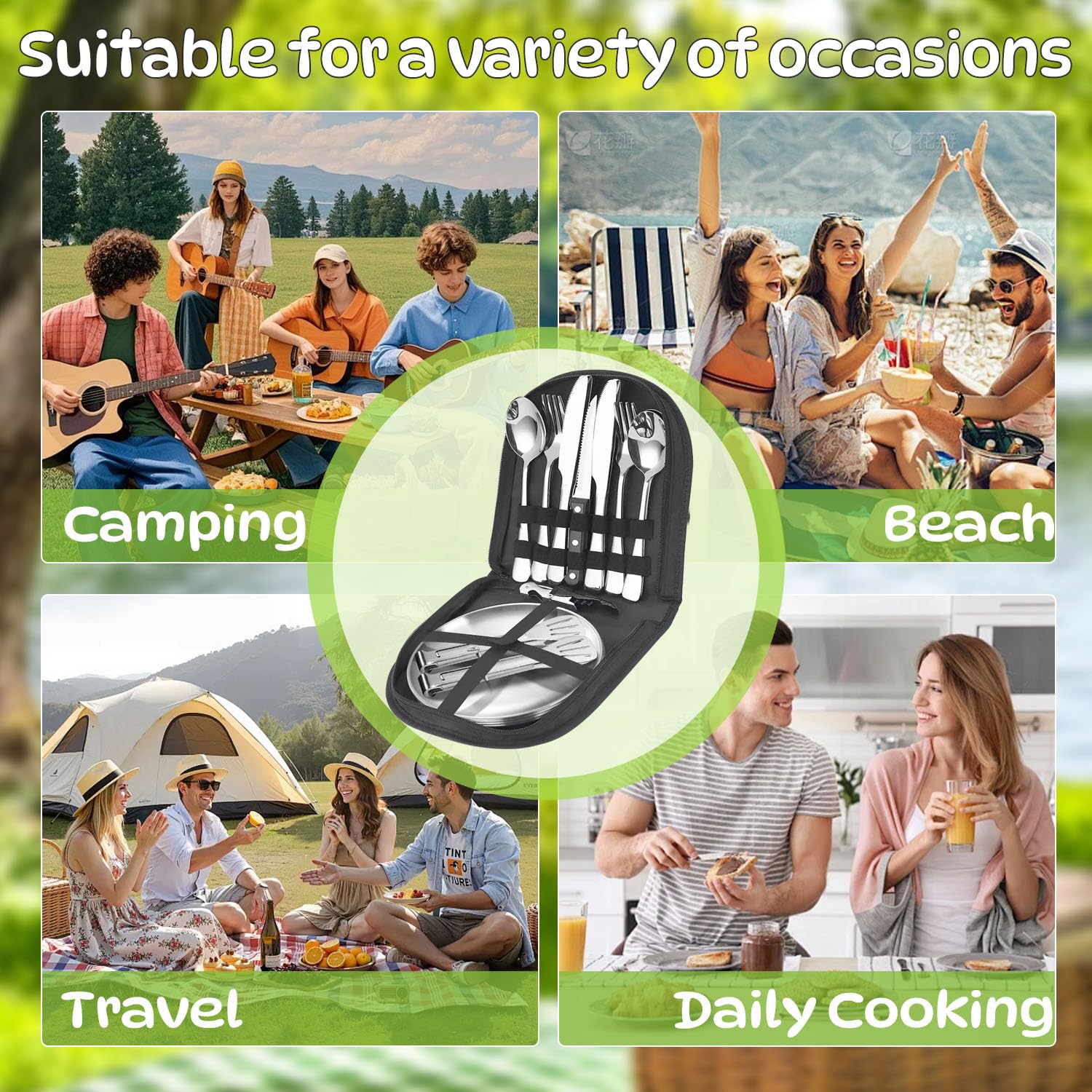Set Couvert Camping 4 Personnes,21 Kit Vaisselle Camping Acier Inoxydable avec Sac Rangement,Portables Réutilisable pour Voyages,Camping,Randonnée,Plein Air
