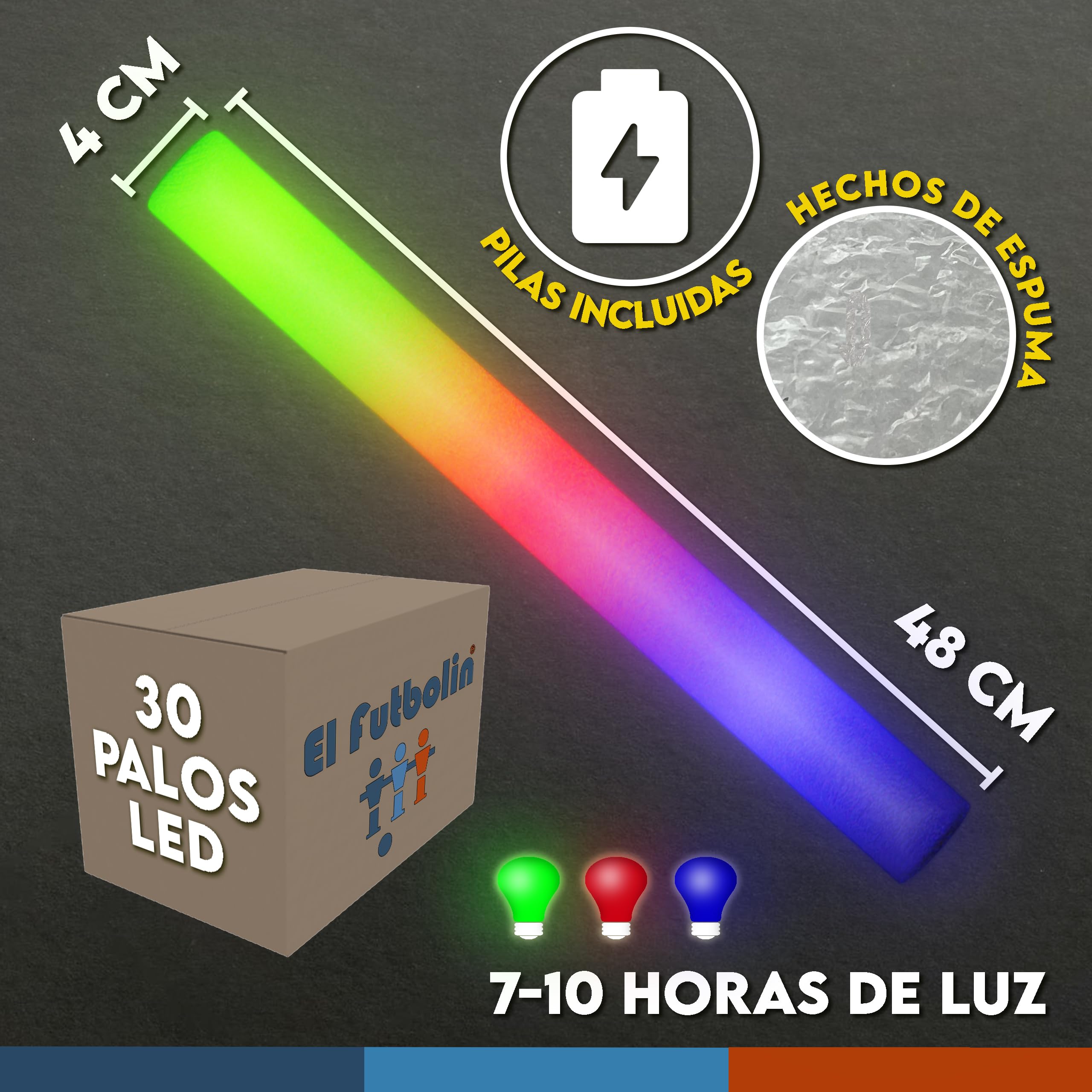 Palos Luminosos para Fiestas | 30 Piezas | 48cm | Palos LED Multicolor | Palos Luminosos LED | Palos de Luz para Boda | Barras Luminosas para Fiestas y Eventos (30 UDS + 100 NEONES)