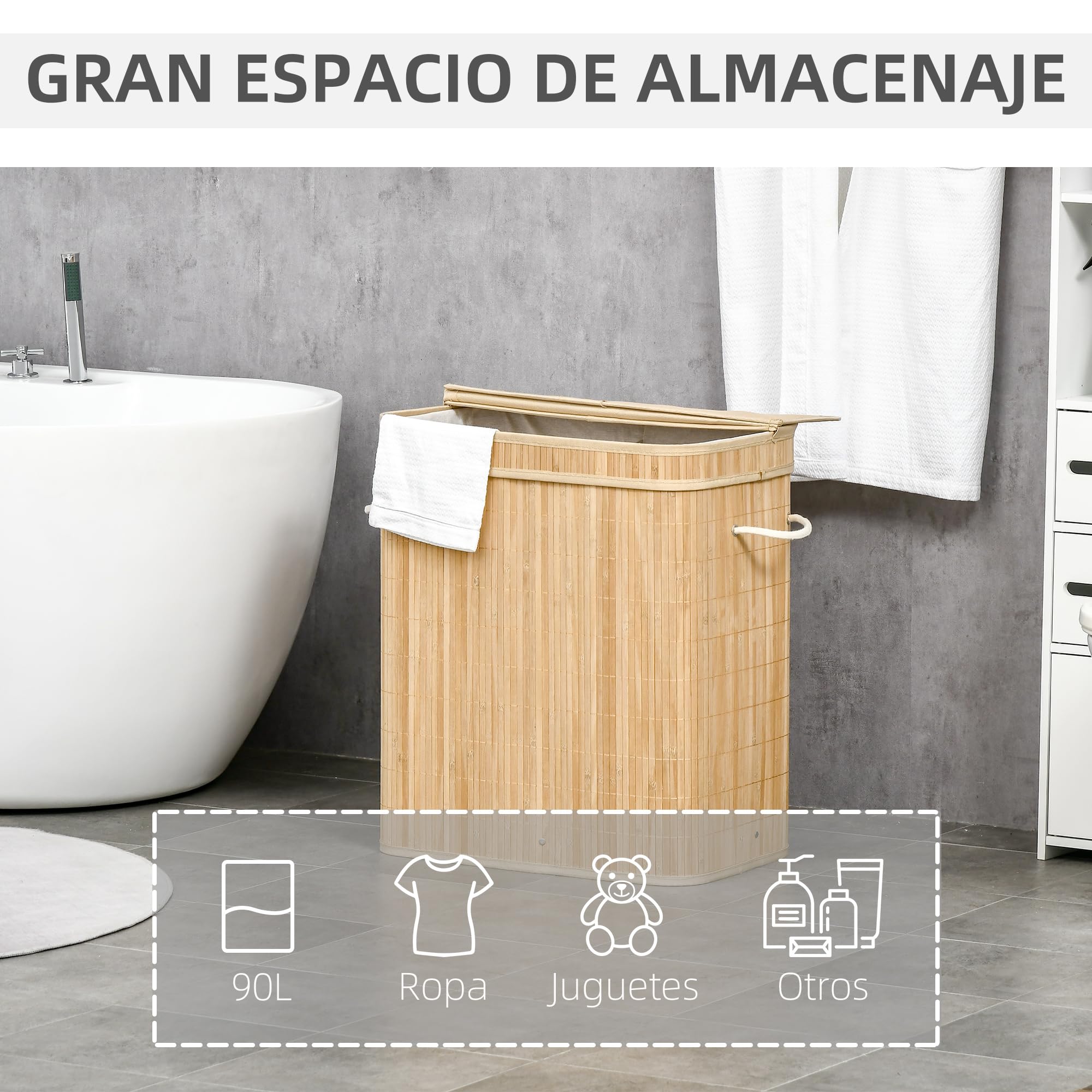 HOMCOM Cesto de Ropa Sucia con Tapa, 90L, Cesta Ropa Sucia de Bambú con 2 Compartimentos, Bolsa Interior Extraíble y Lavable, Asas, para Lavandería, Dormitorio, 54,2x35,2x59,5 cm, Natural