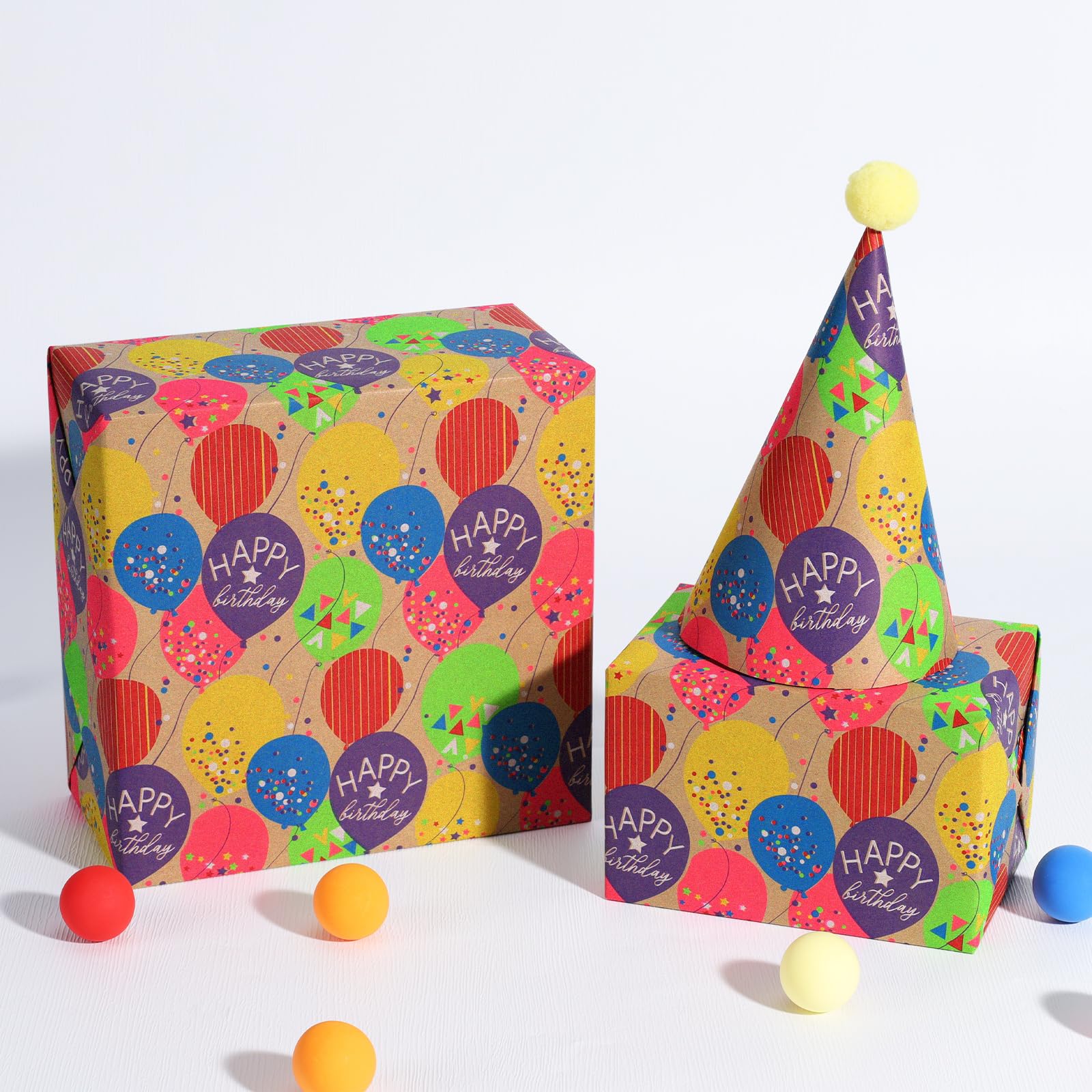 BIOBROWN Rollo de papel de regalo de papel de estraza, diseño de globos coloridos, perfecto para envolver cumpleaños y vacaciones, 17 pulgadas x 33 pies