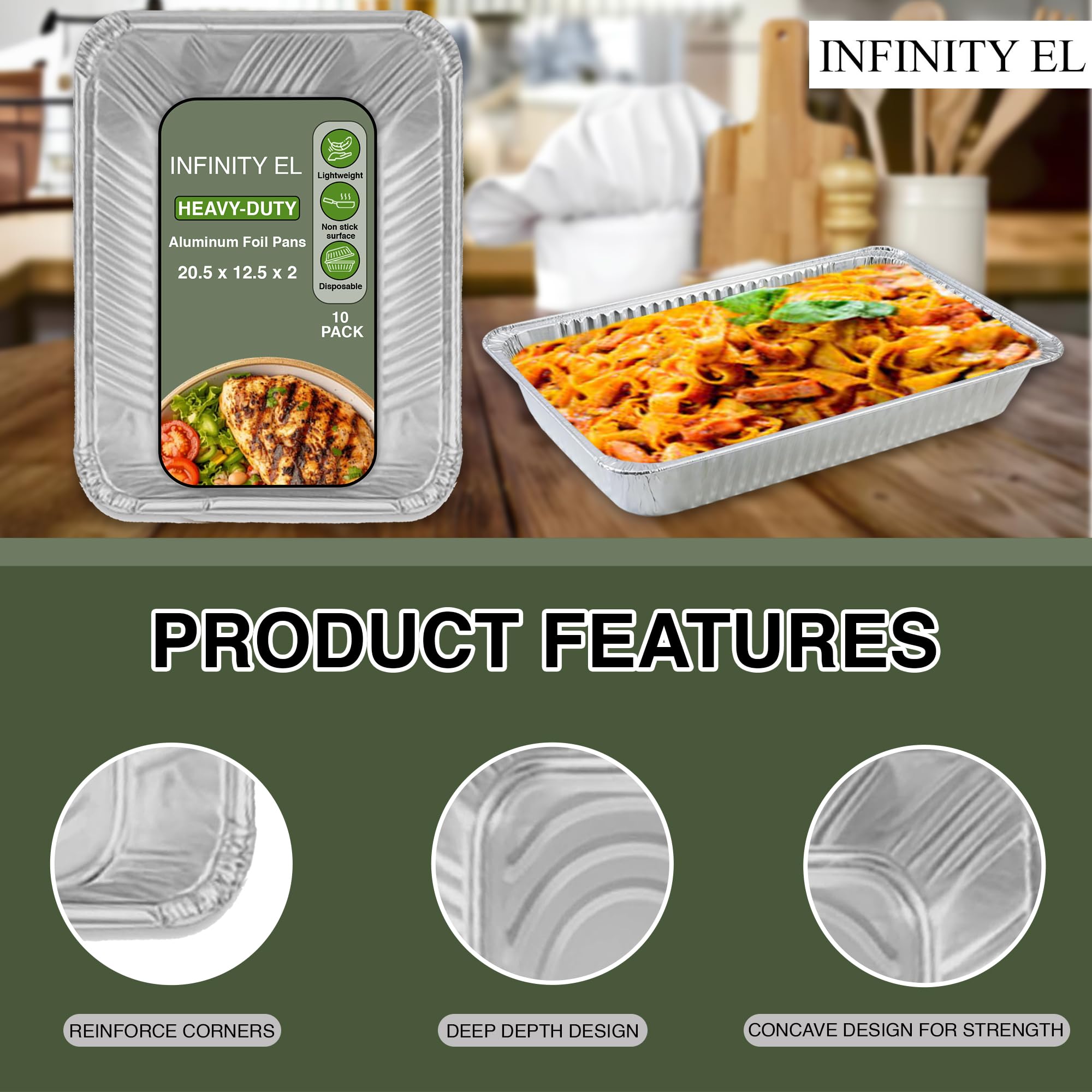 Sartenes de papel de aluminio resistentes de 20.5 x 12.5 x 3.5 pulgadas, sartenes de vapor poco profundas de tamaño completo, perfectas para catering, hornear y preparar comidas, bandeja de servir de