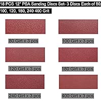 Vista 2 de 18 discos de lija PSA de 12 pulgadas, 3 de cada uno de 80, 100, 120, 180, 240, 400, discos de papel de lija de 12 pulgadas con autoadhesivo PSA