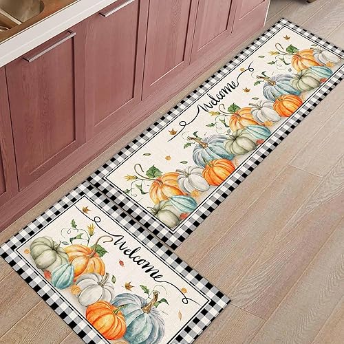 Miniatura 7 de Juego de 2 alfombras de cocina con diseño de calabaza de Acción de Gracias, diseño de hojas de arce otoñales, tapete acolchado a cuadros negros y