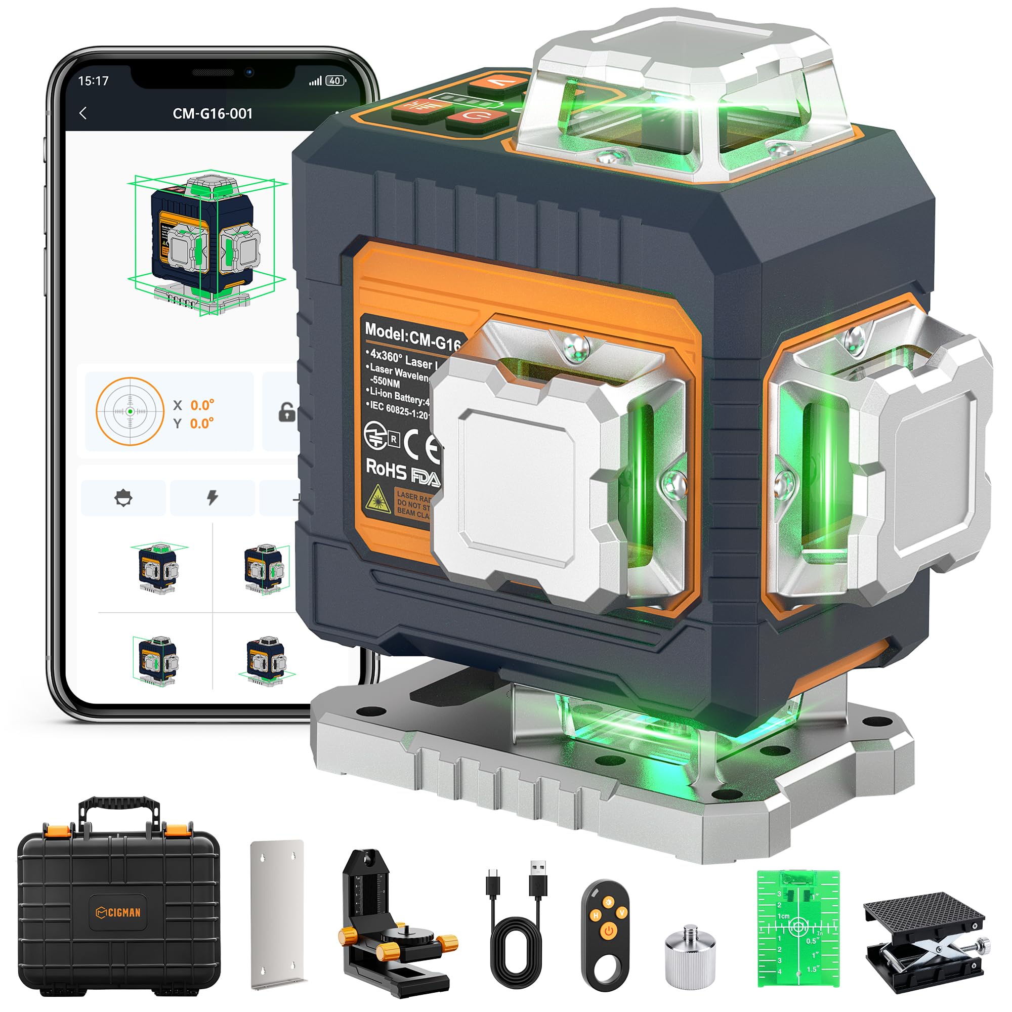 Livella Laser 4x360°Autolivellante,CIGMAN Laser Verde Intelligente con App | Telecomando, Livello Laser Professionale per Edilizia, Piastrelle, Intelaiatura, Controsoffitti – CMG16