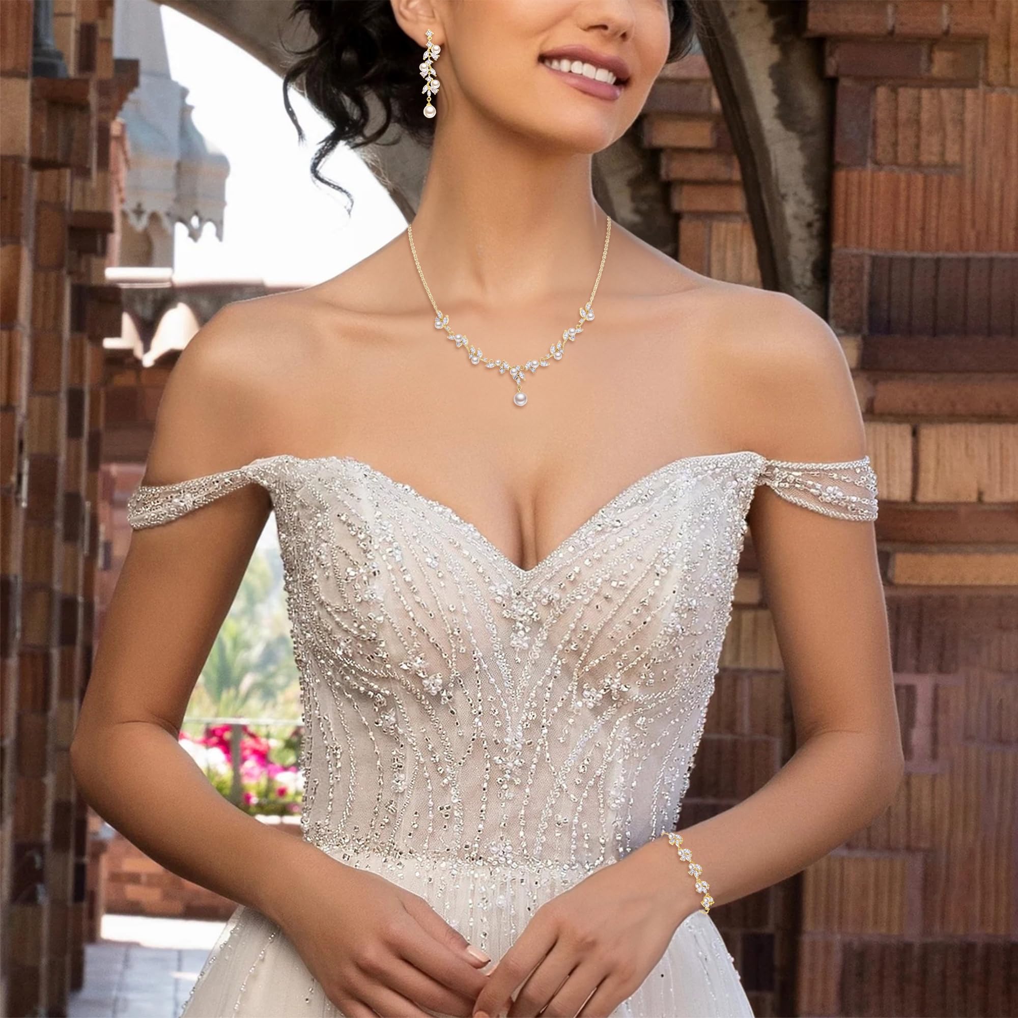 Braut Schmuck Set elfenbeinfarben künstliche Perle Marquise Zirkonia Cluster Anhänger Halskette Ohrhänger und Armband