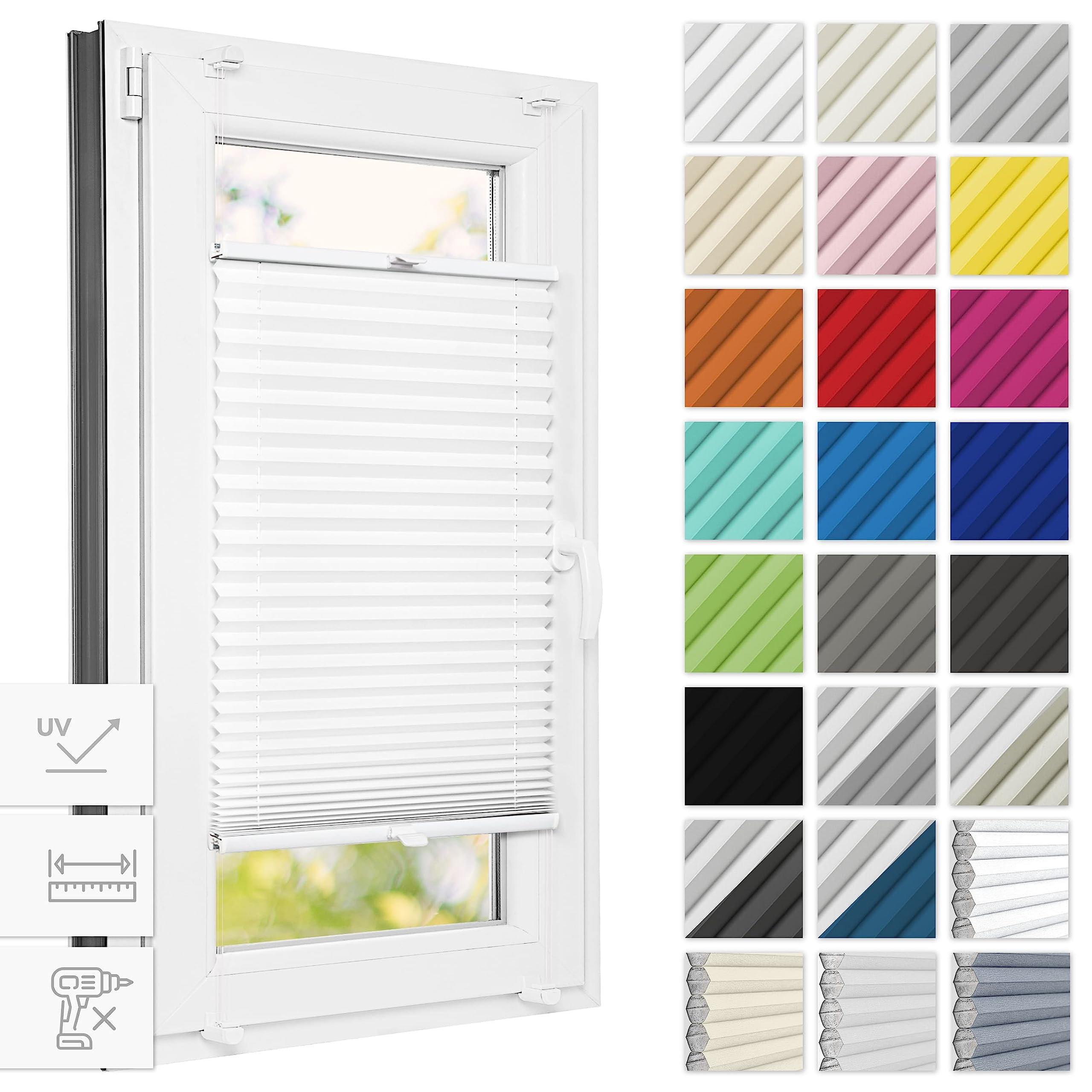 Estika Thermo-Plissee ohne Bohren Verdunkelung 70 cm x 200 cm - Blackout: Weiß-Weiß - Bruchfeste Klemmhalter, Plisees ohne Bohren Blickdicht, Verdunklungsplissee, Plissee Klemmfix
