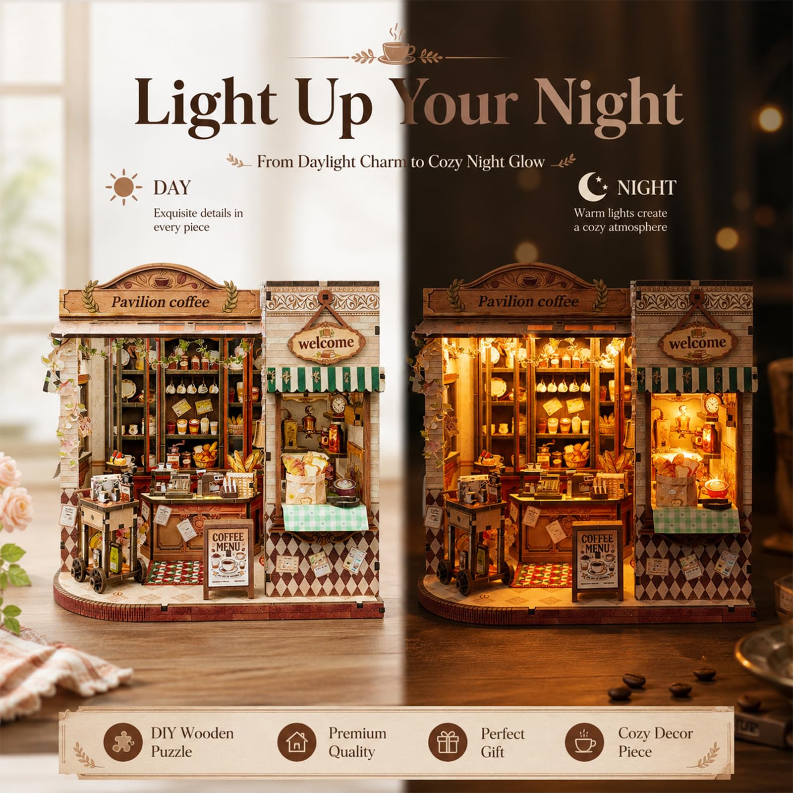 Puzzle 3D in legno fai da te in miniatura, kit fai da te, padiglione per il tempo libero, caffetteria con luce LED, 276 pezzi, kit di modellini retrò per casa delle bambole, hobby creativo in legno