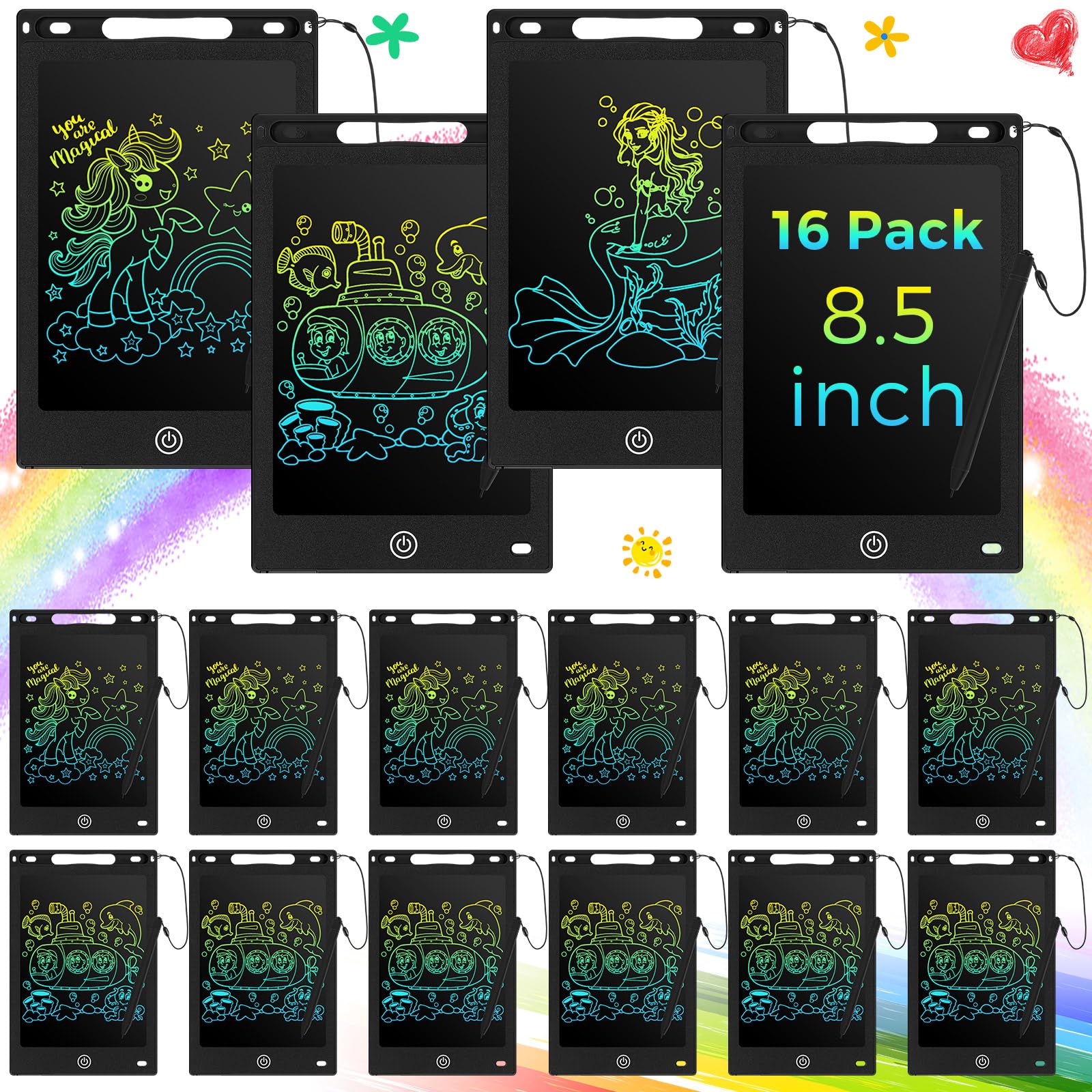 Epakh 16 PCS LCD Writing Tablet for Kids - 8.5 Inch Reusable Writing Board Drawing Doodle Pad Gift for Girl & Boy, Toddlers, Back to School, Birthday