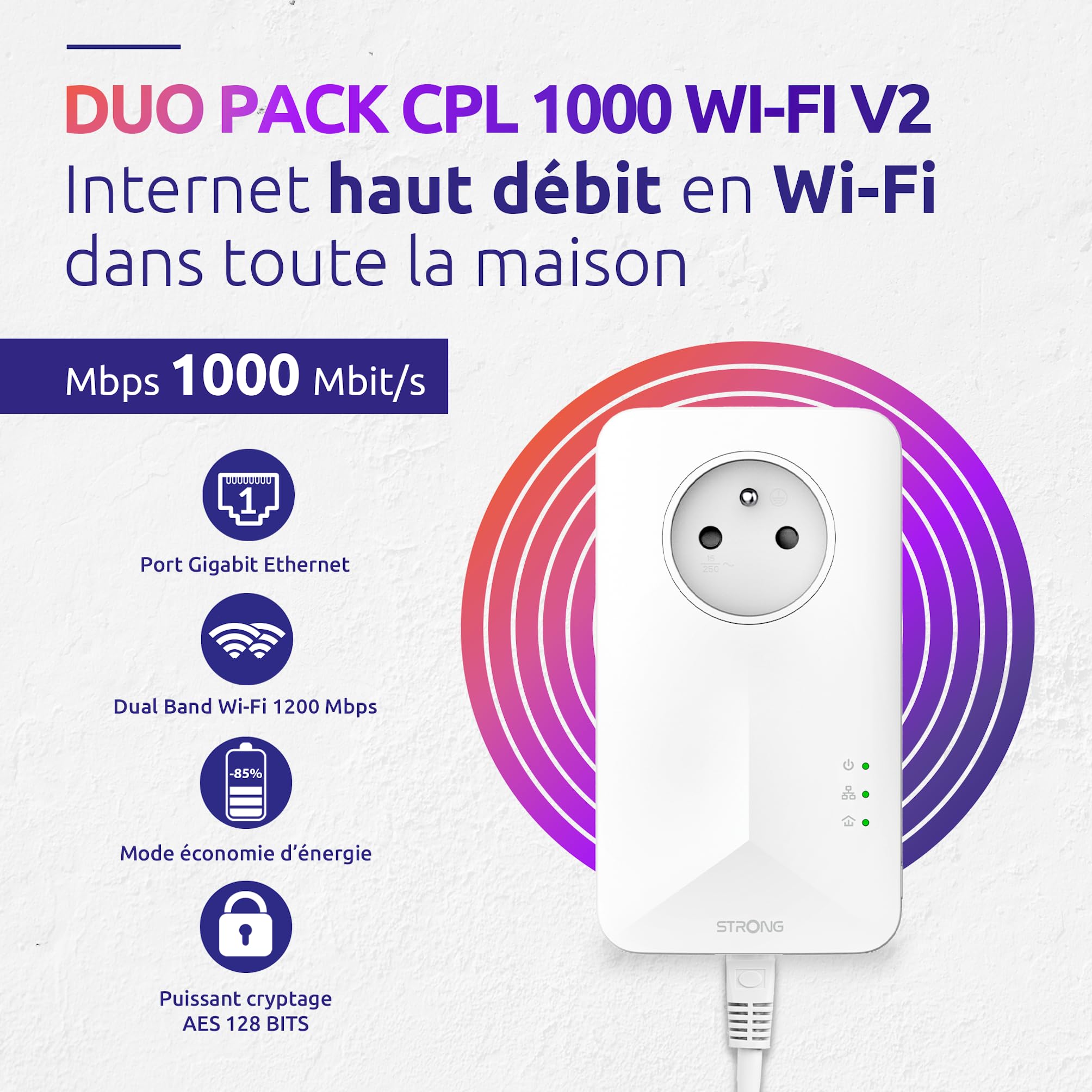 Strong CPL1000 Mbps+WiFi 1200 Mbps|Duo Pack|Gigabit Ethernet|Prise Électrique Filtrée (Type F)|Installation Facile|Idéal Service Multi TV|Etendre Son réseau|Compatible Toutes Box|Garantie 4 Ans