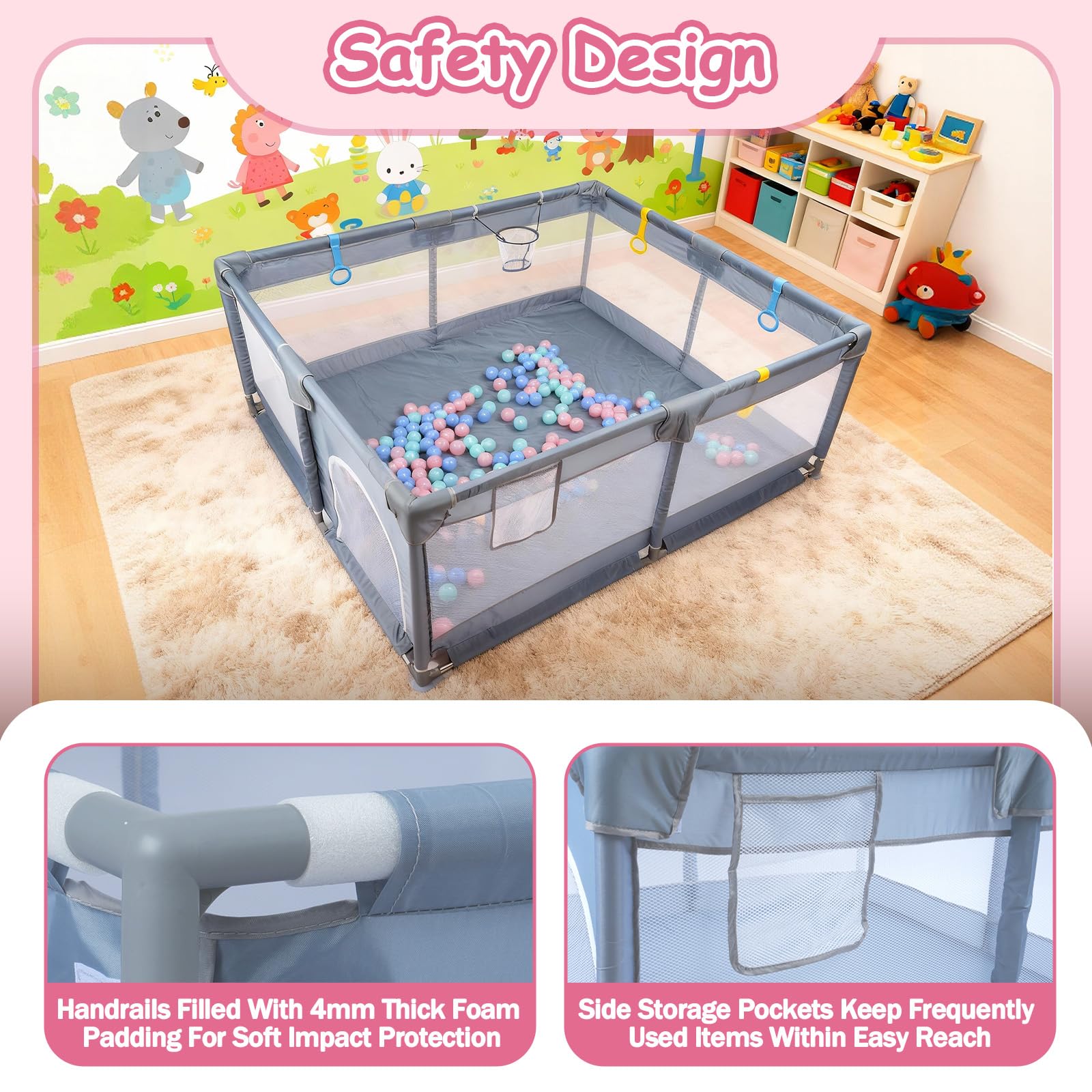 Parque infantil de 180 x 150 x 68 cm, parque infantil con anillos de tracción, pelotas, red transpirable, suelo antideslizante, parque de seguridad para niños, color gris