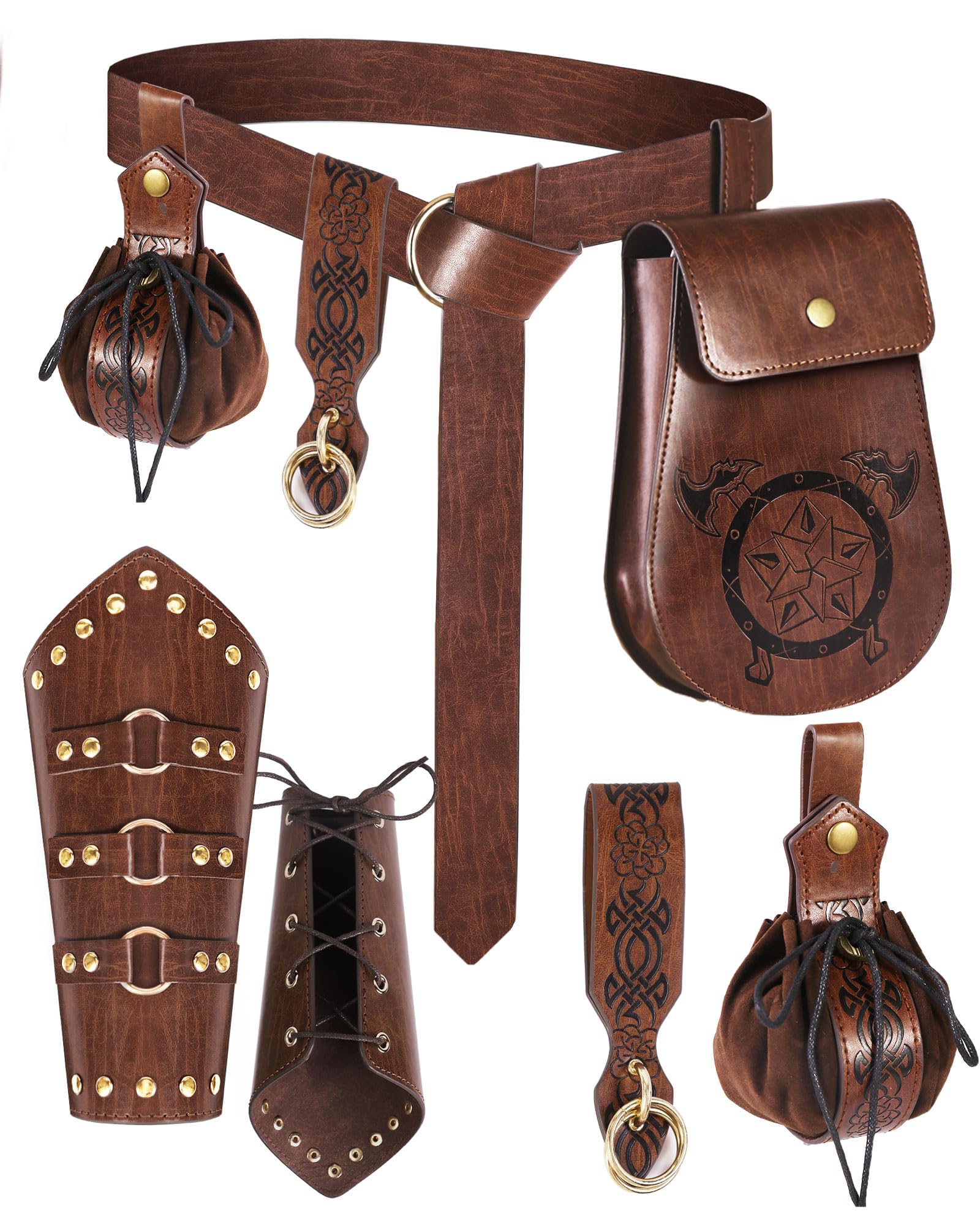 5PCS Renaissance Accessories Medieval Belt Leather Bracers Belt Pouch Keychain Renaissance Costume Set for Halloween