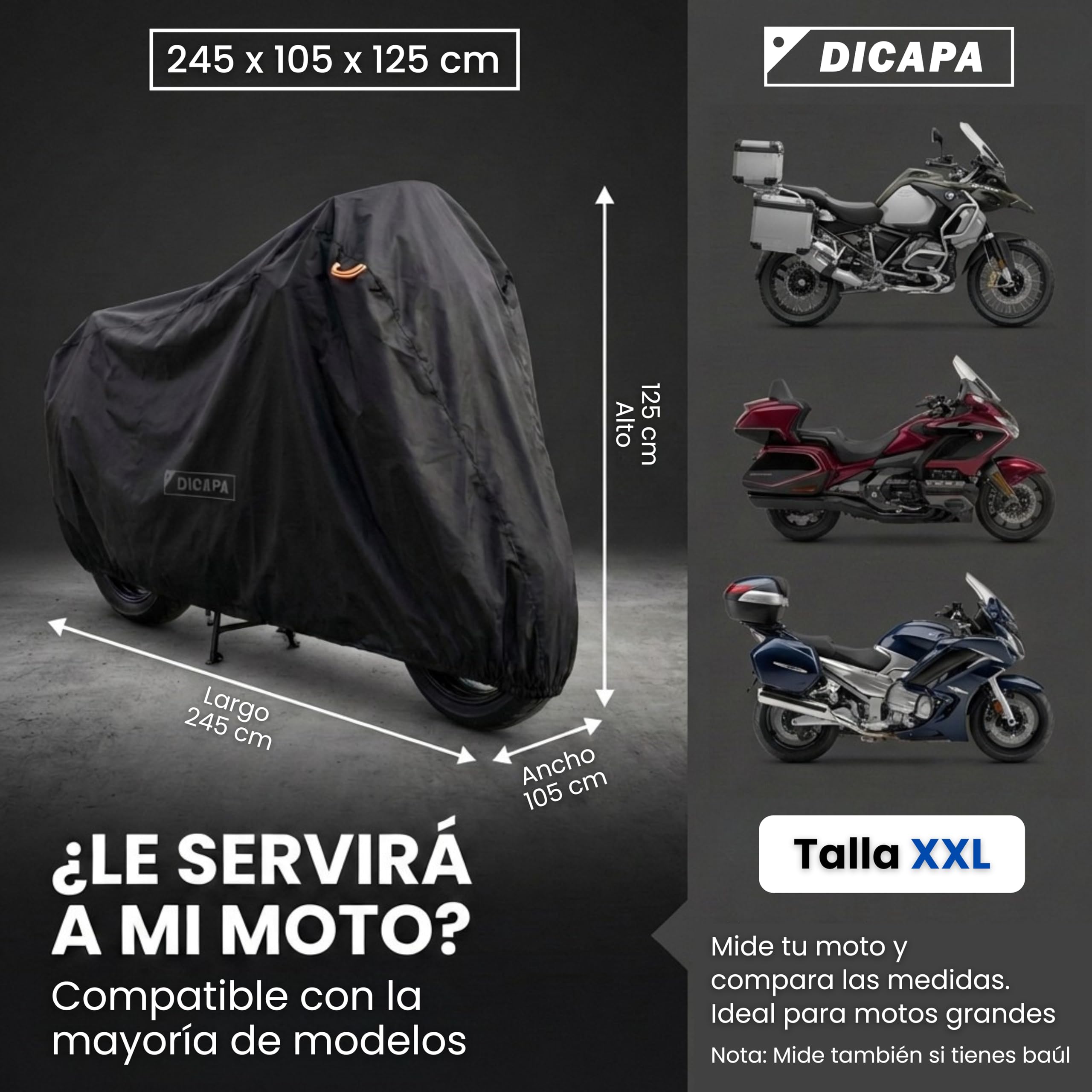 DICAPA Funda Moto Impermeable 245x105x125cm (XXL) Resistente al Agua, Viento, Nieve y Rayos UV. Funda para Moto con Sistema Antirrobo y Cierre Elástico