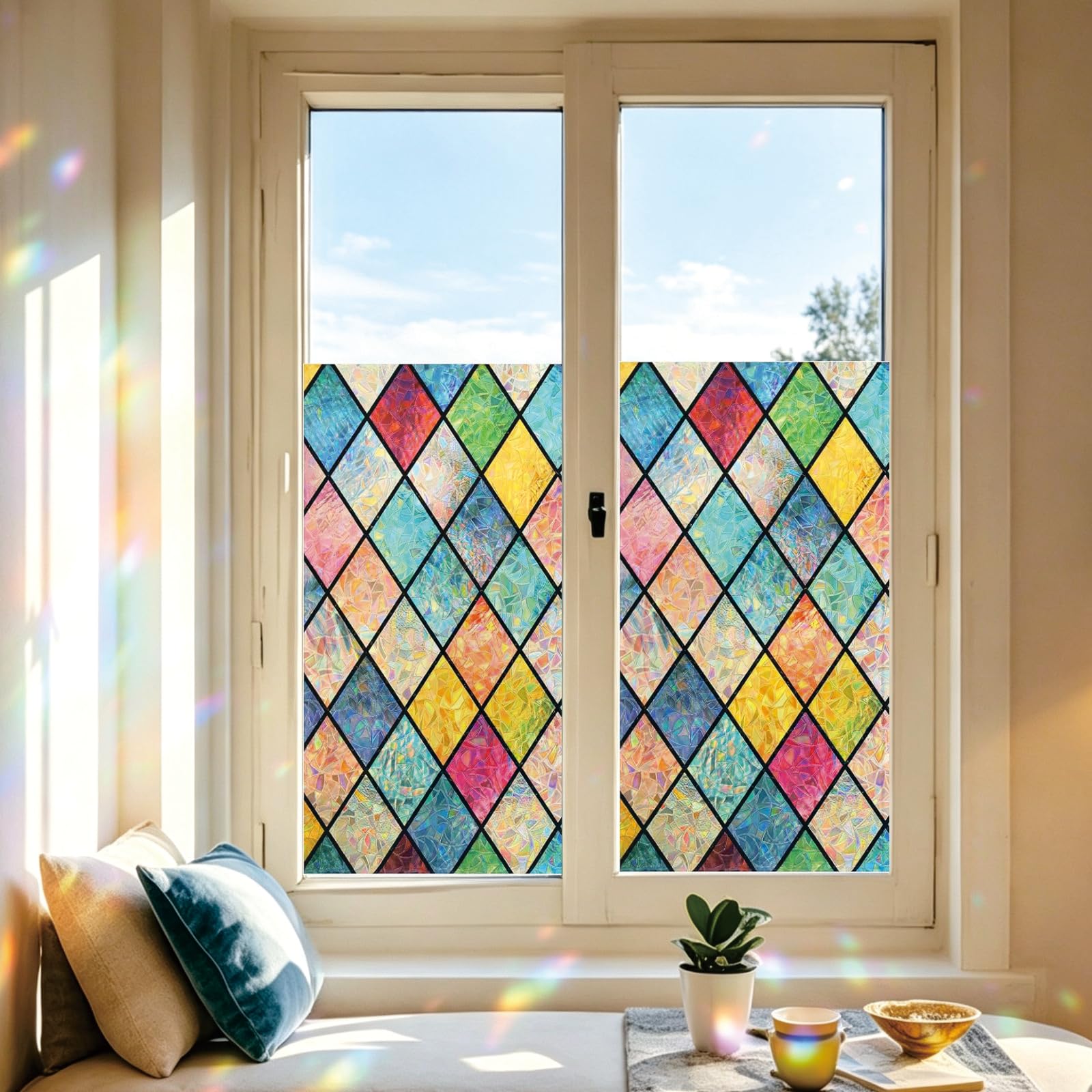 Ellicola Privacy Finestre 3D Arcobaleno 80 x 360 cm Statica Adesiva Senza Ritagliabile Anti Uv, Protezione Della Privacy, Pellicola Decorativa Smerigliata per Letto, griglia cristallo