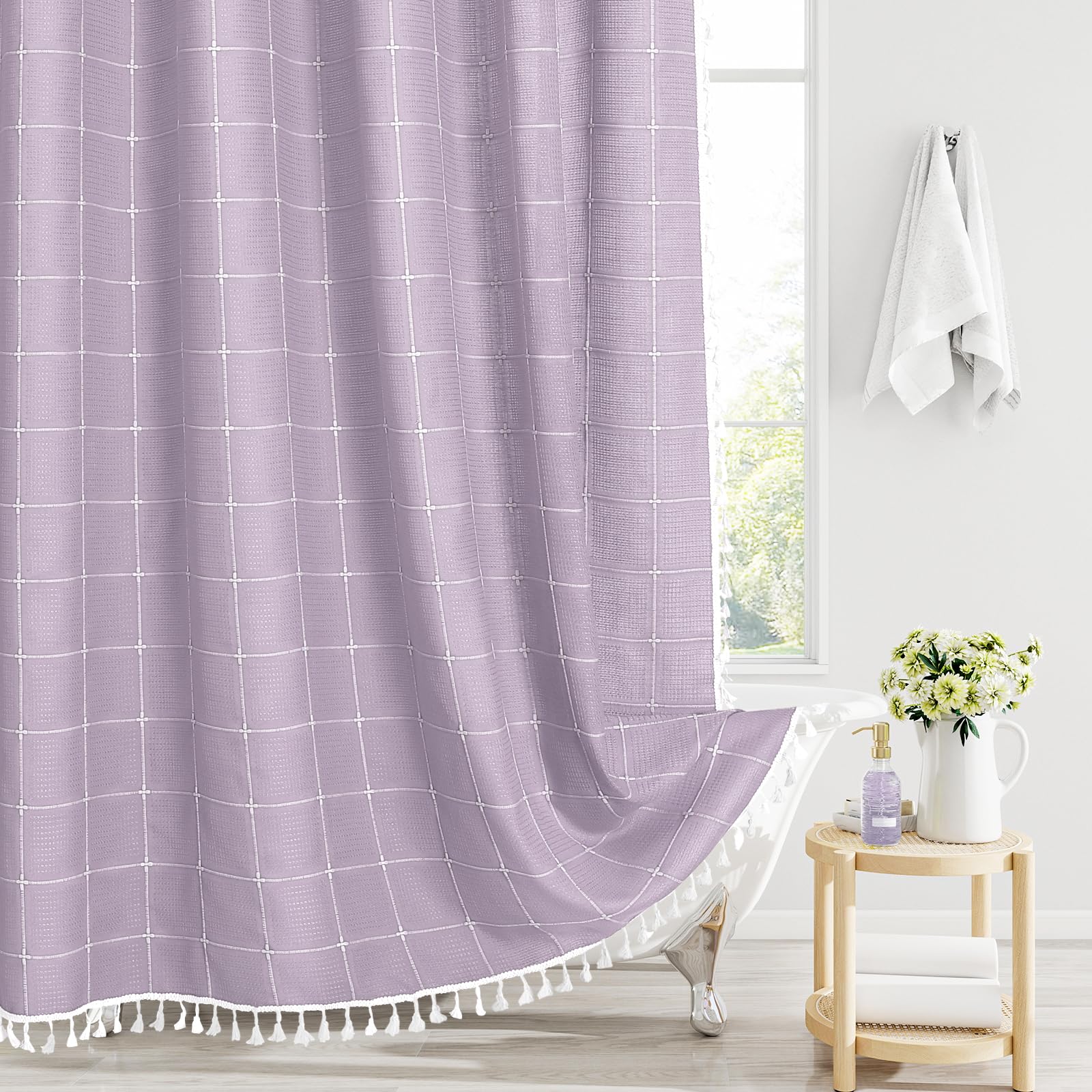 Gibelle Lavender Boho Plaid Tassel Shower Curtain