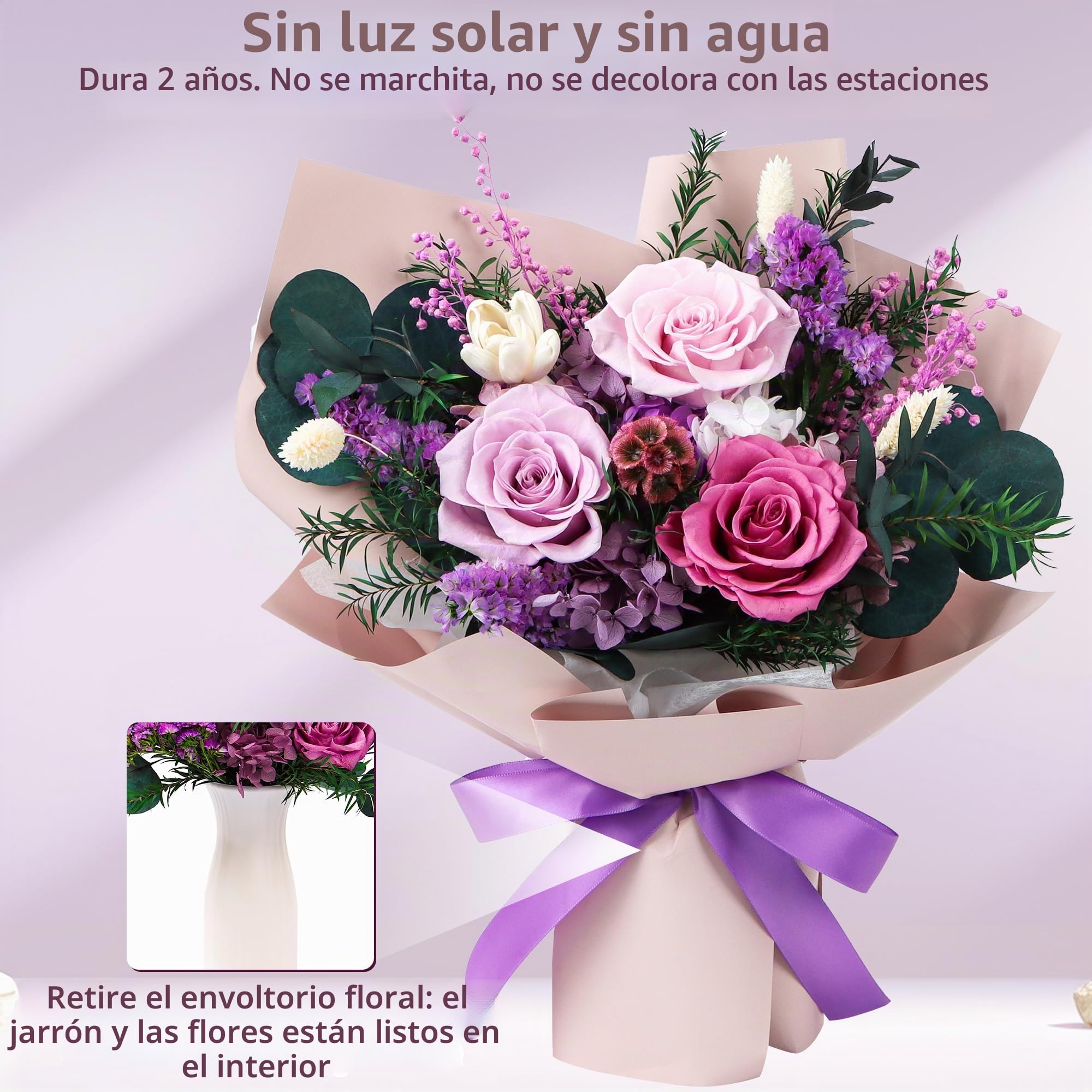 Ramo de flores preservadas, flores eternas reales | Regalos para mujeres, regalos de cumpleaños para mamá, amigos, novia, hermana, San Valentín (lila pastel)