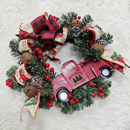 Miniatura 5 de Ochine Guirnalda de Navidad para camión rojo, corona de invierno, camión, granja, camión, rústico, puerta delantera, corona de Navidad, corona de