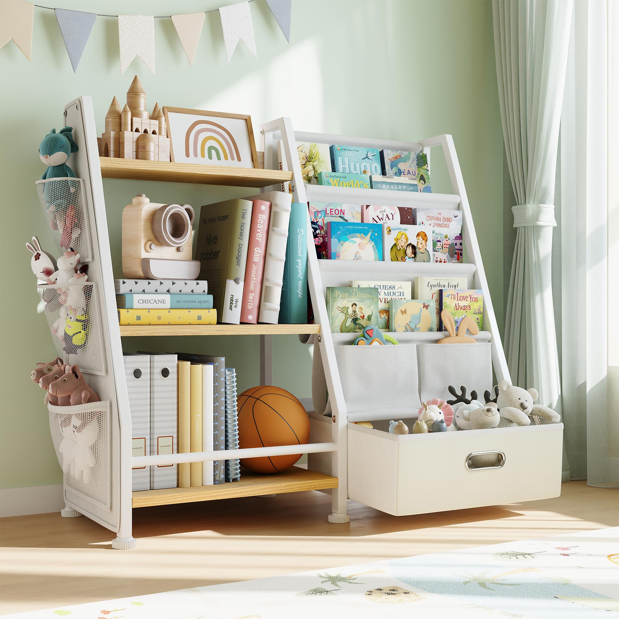 GoTiling Kids Bookshelf and Toy Storage Organizer: 3-Tier Sling Book Shelf with 3 Side Pockets for Kids Room - Toy Storage Organizer with Fabric Drawers for Nursery, Bedroom, Playroom(Burlywood)