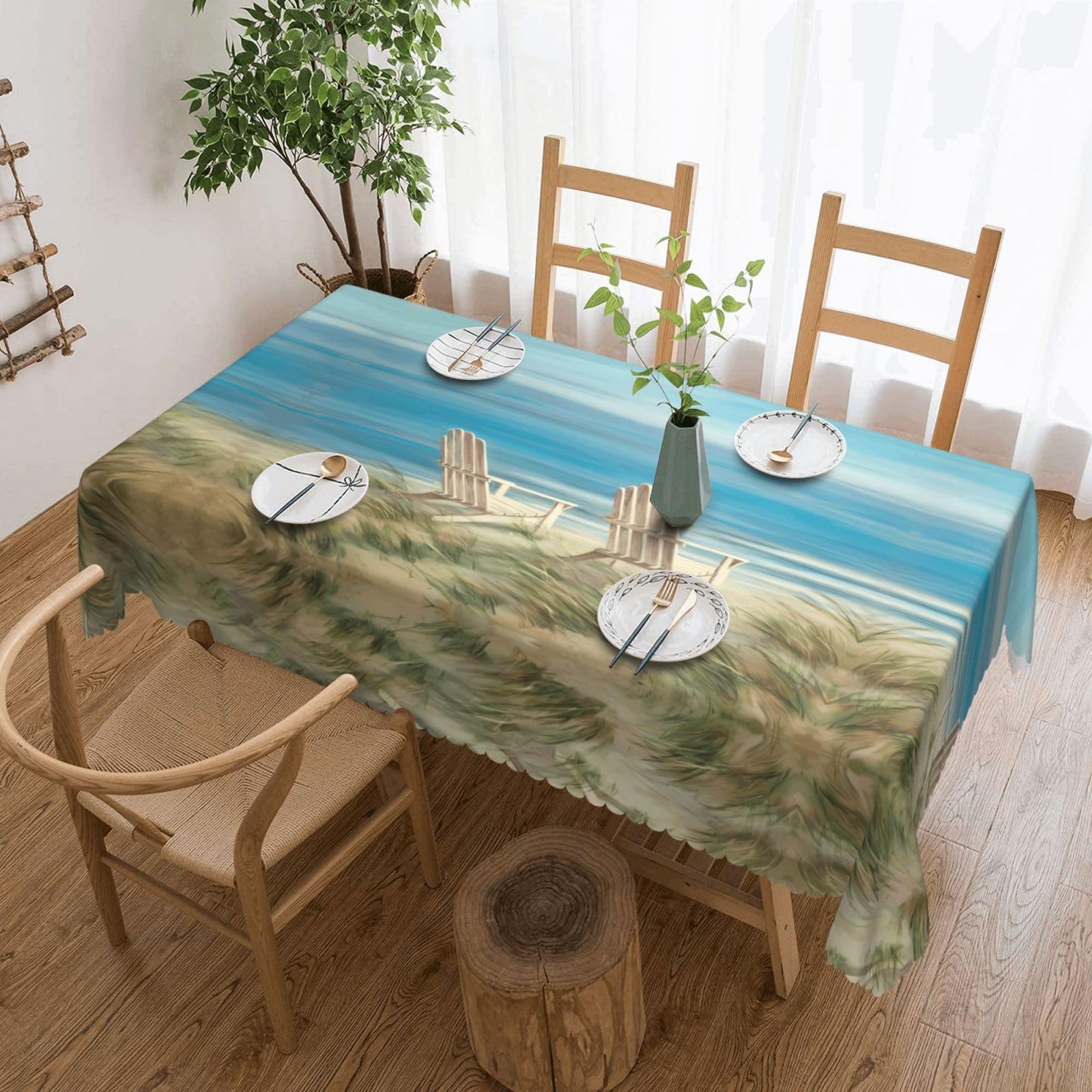 HLSBSSL beach scene with chairs Patterned square lace tablecloth, wrinkle-resistant and durable, suitable for dining tables, parties, etc.