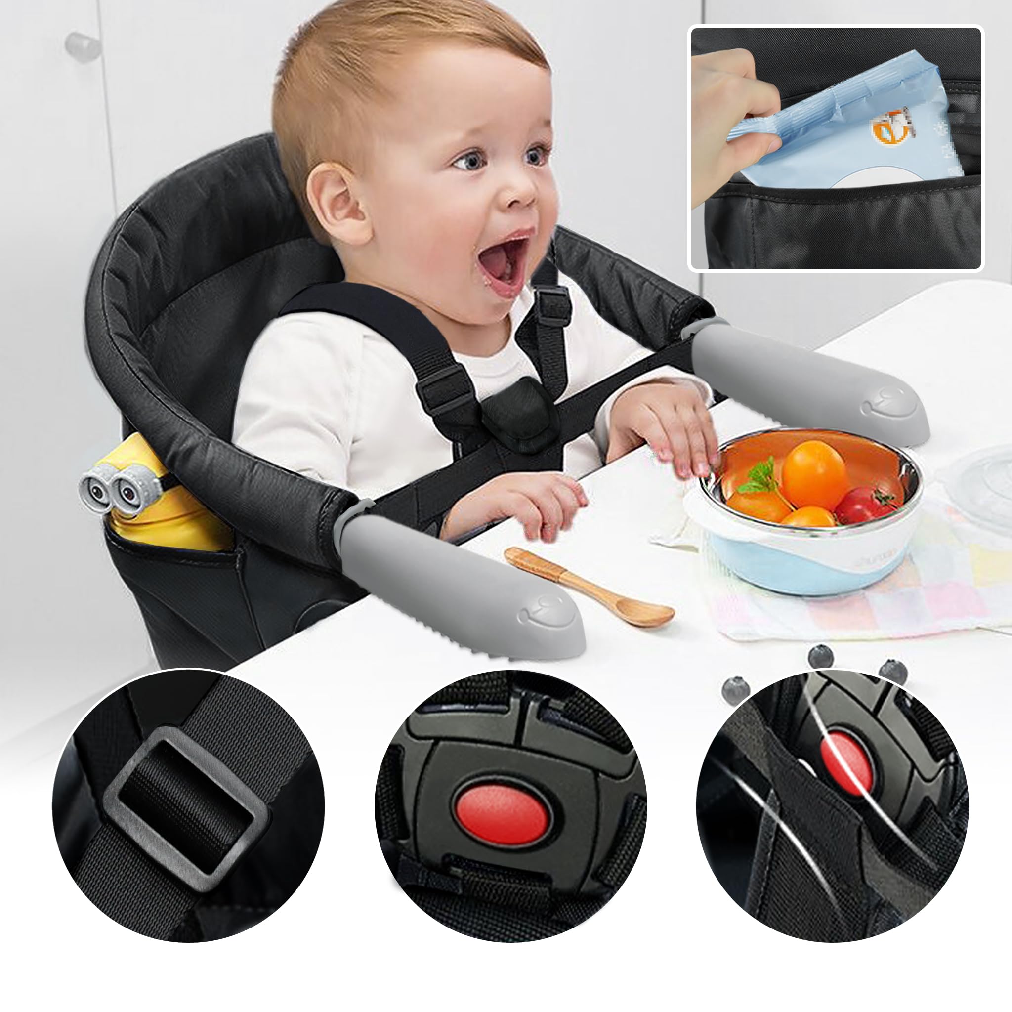 XMTECH Seggiolino da tavolo pieghevole per bambini, seggiolone, per il fissaggio al tavolo, struttura stabile, sedia da tavolo imbottita con tasca, colore nero