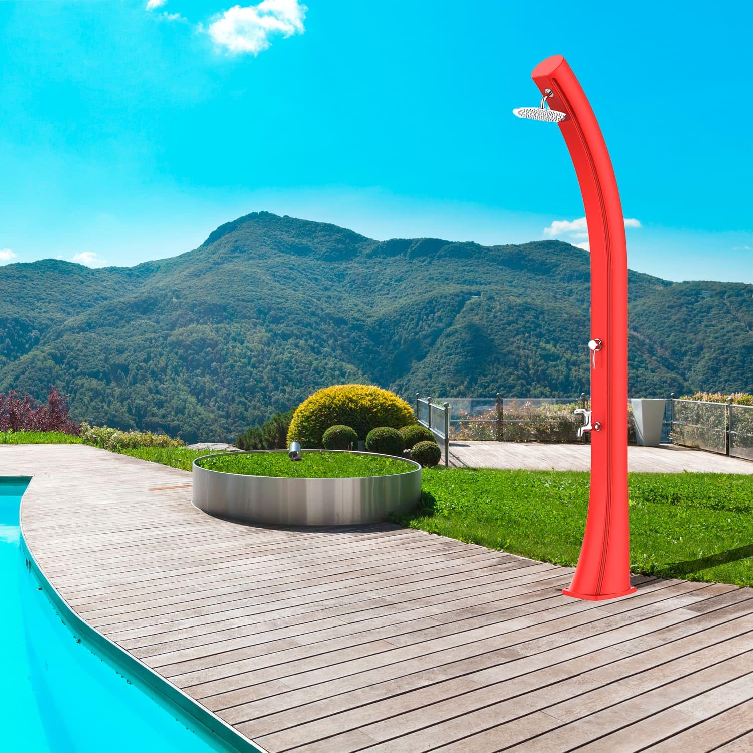 Starmatrix Doccia Solare Rossa in Polietilene HD Alta 226 cm Capacita 40 Litri Soffione Circolare di 1524 cm con Lavapiedi Modello Rio XXL Red