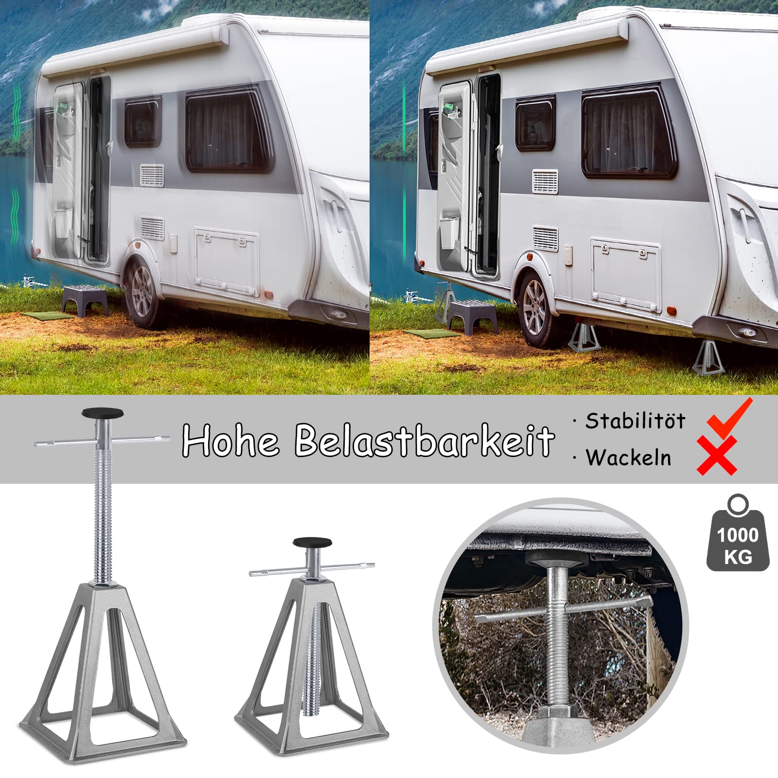 Soportes de altura regulables, 2 unidades para caravanas, soportes de aluminio, soportes, 1000 kg por pieza, soportes para caravanas