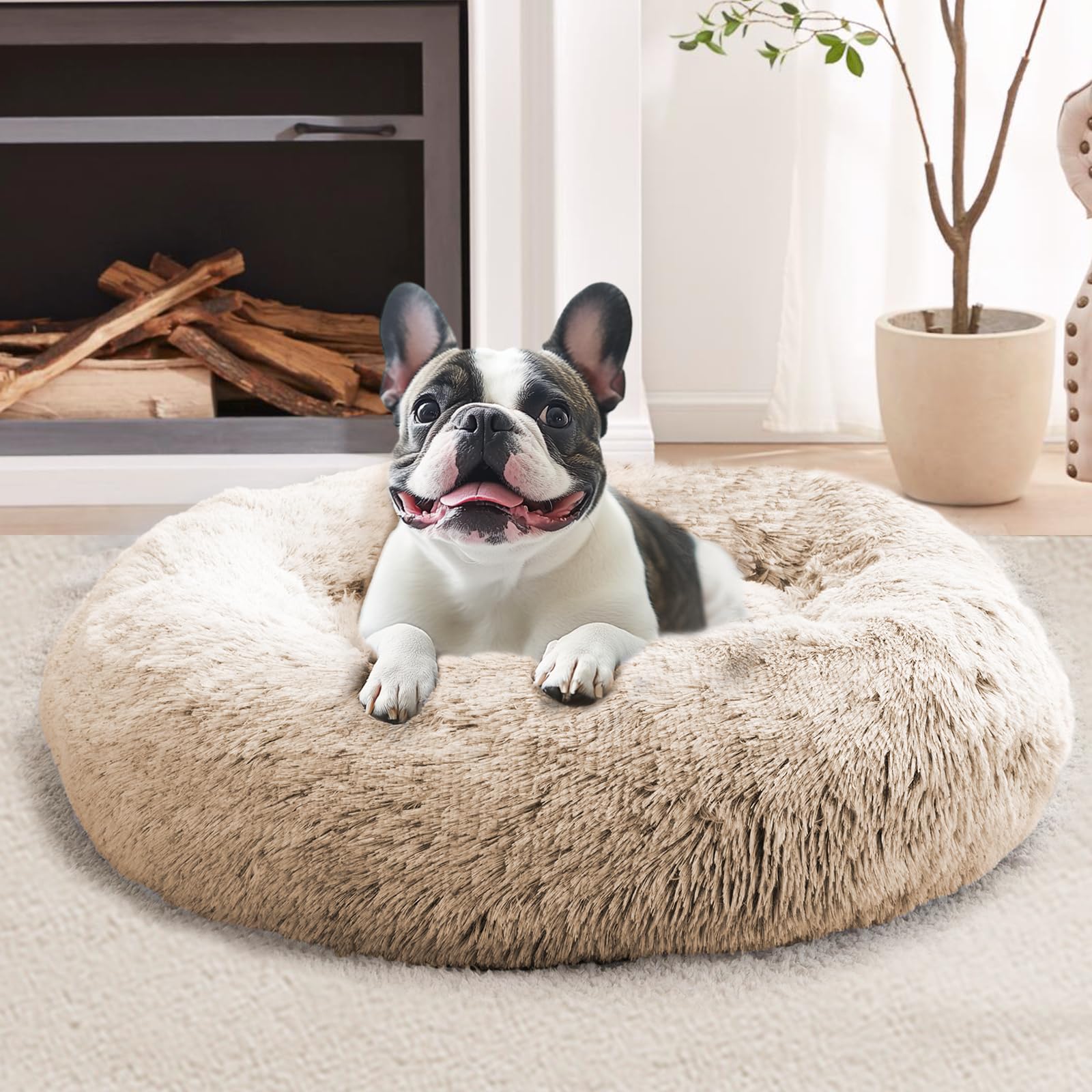 JOLLYVOGUE Calming Dog Bed Medium Size Dog, Anti-Anxiety Donut Medium Pet Bed, 27 inches Fluffy Faux Fur Round Cat Bed (Cream Brown)