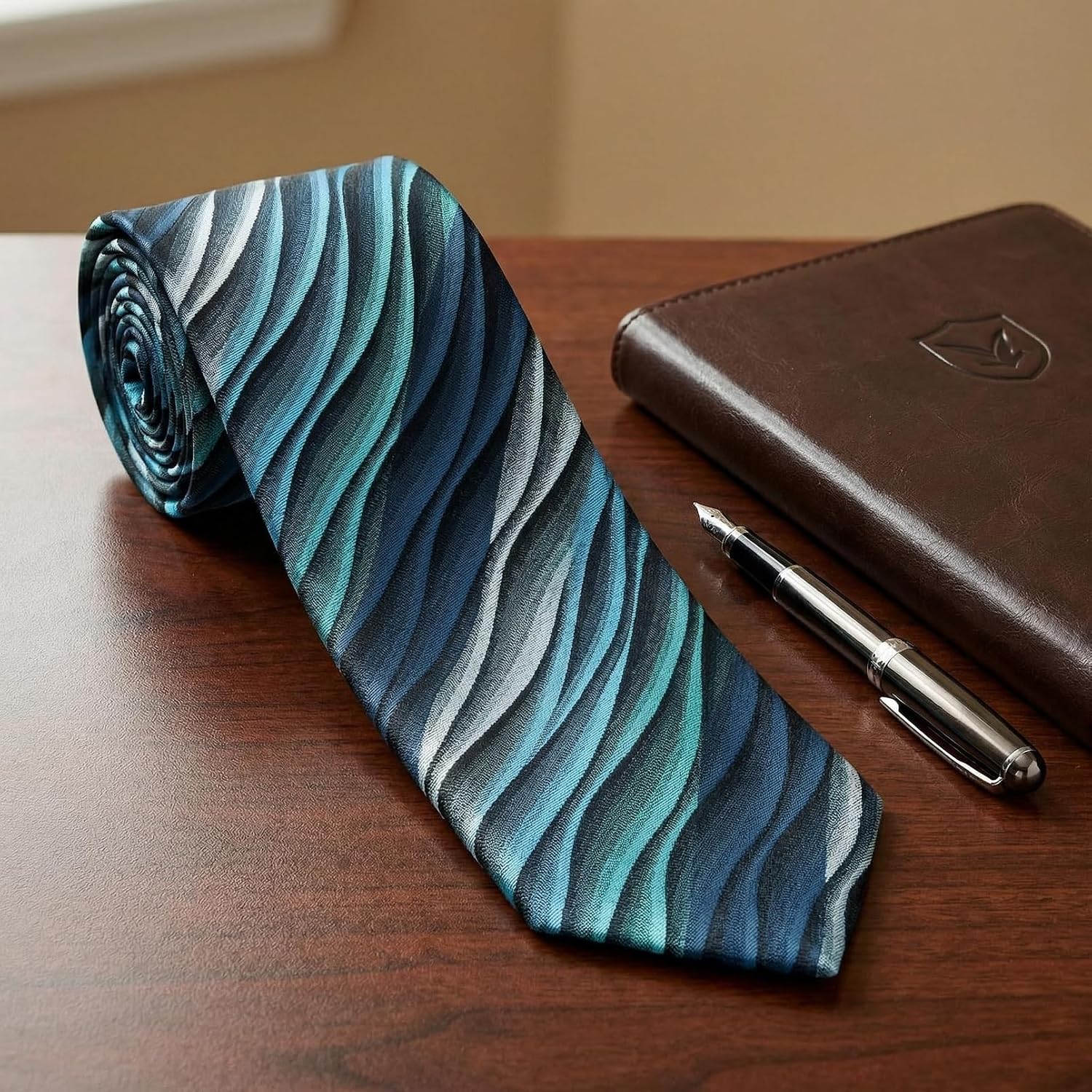 S&W SHLAX&WING Mens Tie Neckties Geometric Ripple Patterned Green Blue for Suits