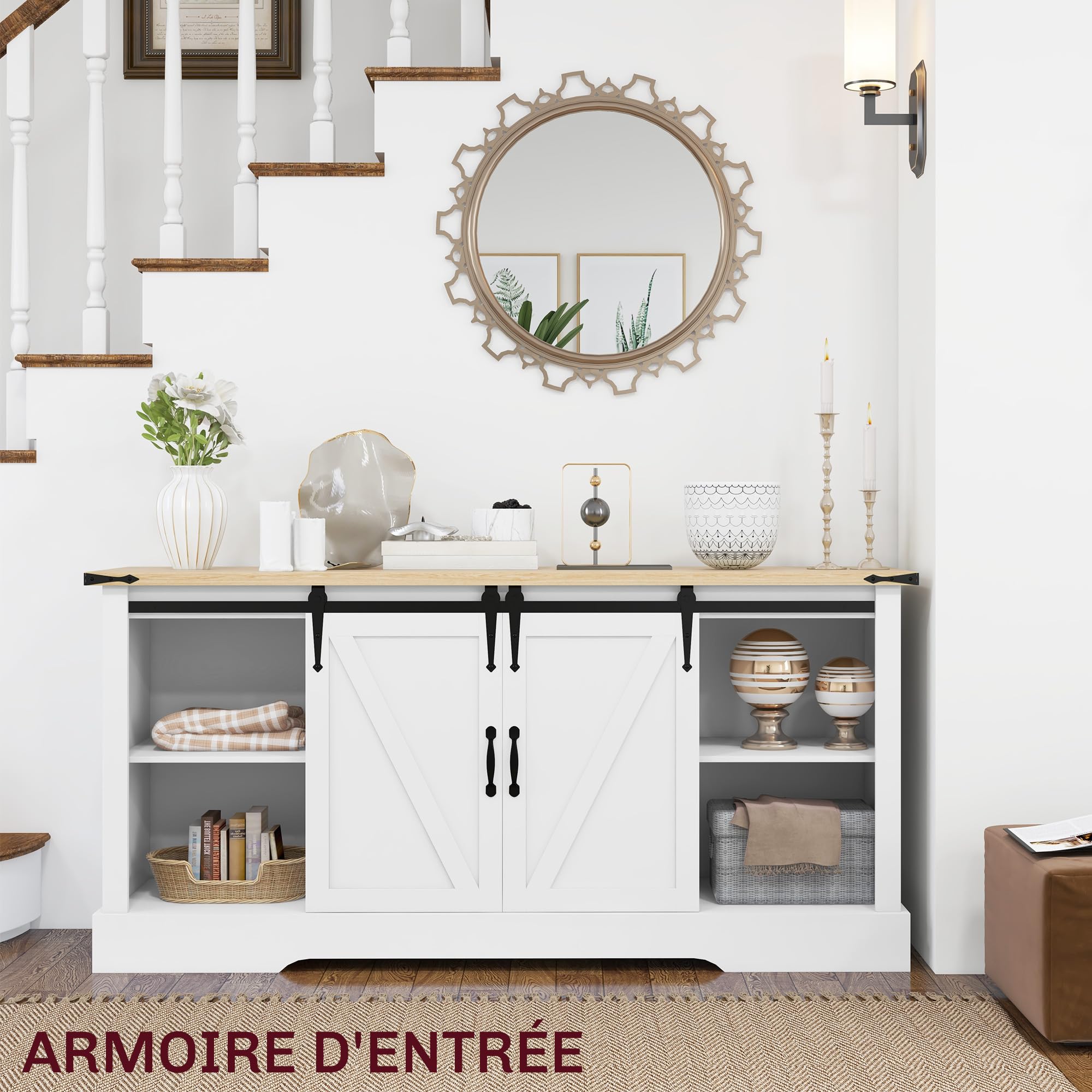HOMCOM Credenza, mobile contenitore, con 2 ante scorrevoli, ripiani regolabili, per soggiorno, sala da pranzo, corridoio, 150L x 40D x 72H cm, legno, rovere bianco