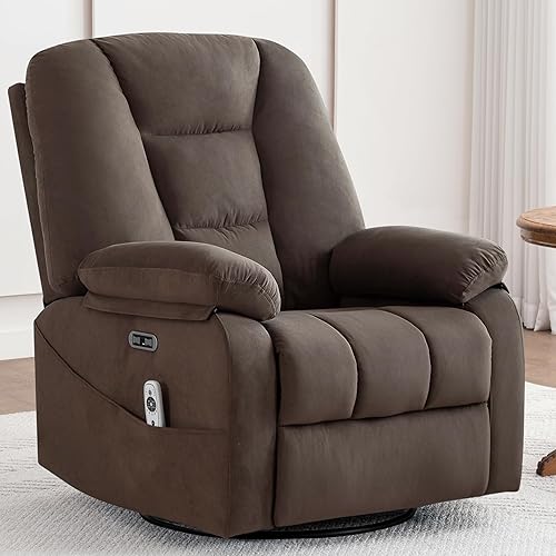 Power Swivel Rocker Recliner with Massage and Heat, USB and Type-C Port, Infinite Position, Electric Glider Rocking Chairs Living Room, Soft Fabric Reclining Sofa Chair (Velvet Brown)