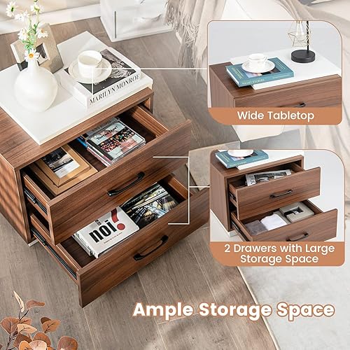 Miniatura 4 de Giantex Mesita de noche moderna con 2 cajones mesita de noche rústica de madera de nogal con diseño único en forma de L blanco mesa auxiliar