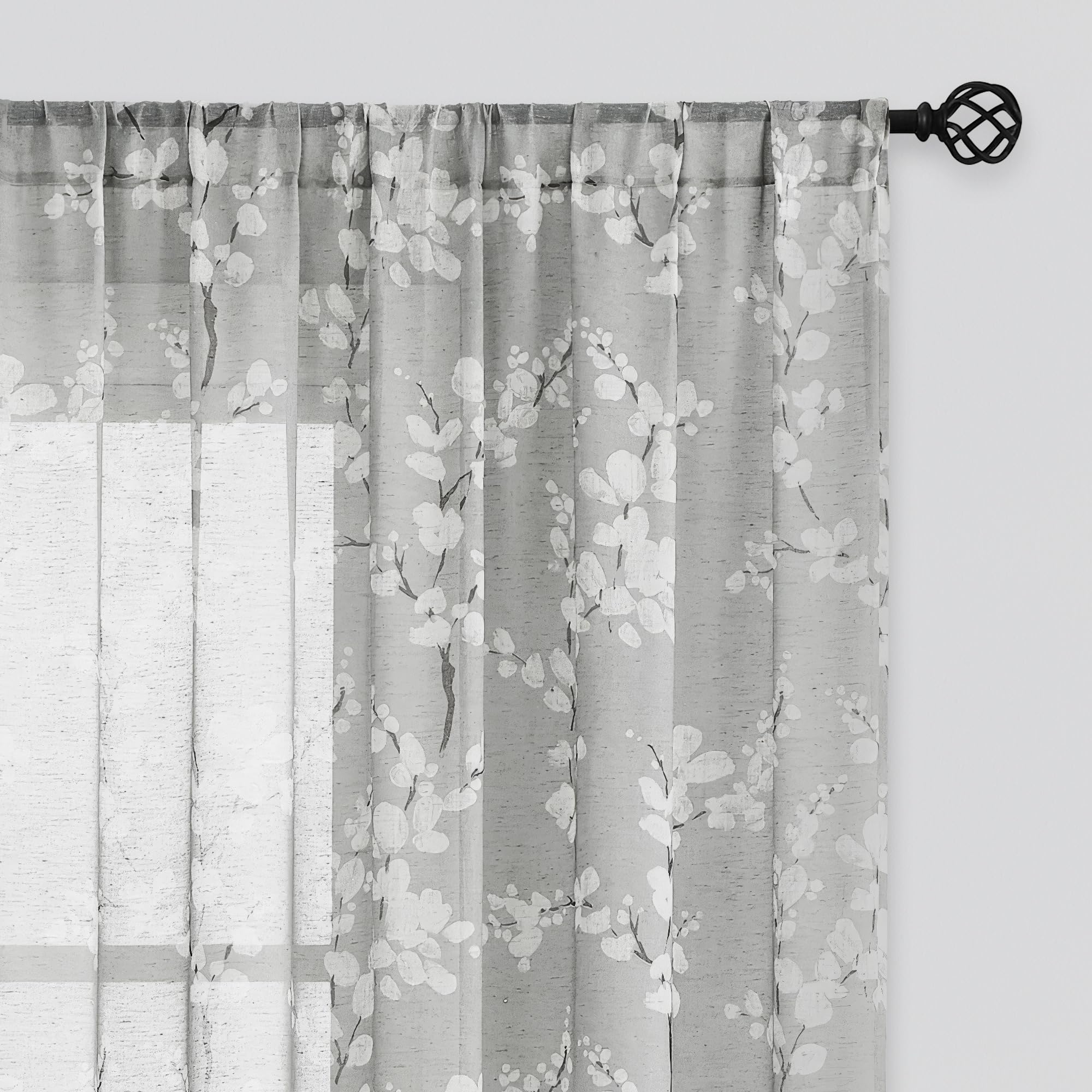 FMFUNCTEX Linen Sheer Curtains for Bedroom, Grey White Blossom Print Curtains 63 Inch Length for Living Room, Floral Patterned Farmhouse Curtain Light