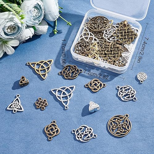 Miniatura 7 de SUNNYCLUE 1 caja de 56 dijes de nudo celta, dijes irlandeses de enlace de trinidad, cuentas de nudo de estilo tibetano, dijes redondos planos de