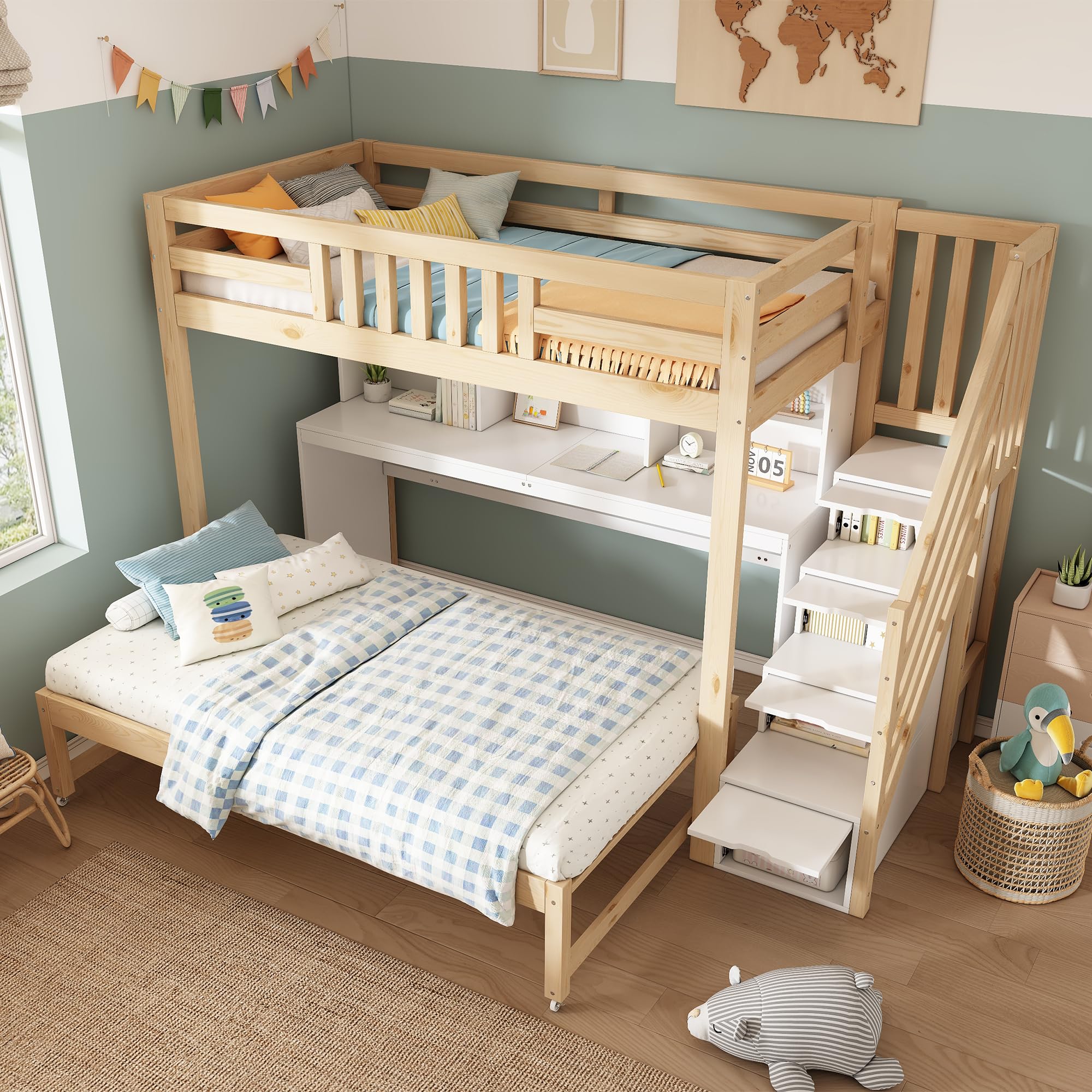 Kayan Lit superposé en bois pour enfant 90 x 200 cm + 90 x 190 cm, avec lit extensible sur roulettes, bureau mobile, armoire d'escalier et étagère, EN 747-1:2024, sans matelas