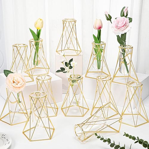 Yungyan Jarrón geométrico dorado de 24 piezas para centros de mesa, marco de metal, florero con cilindro de vidrio, soporte de flores moderno