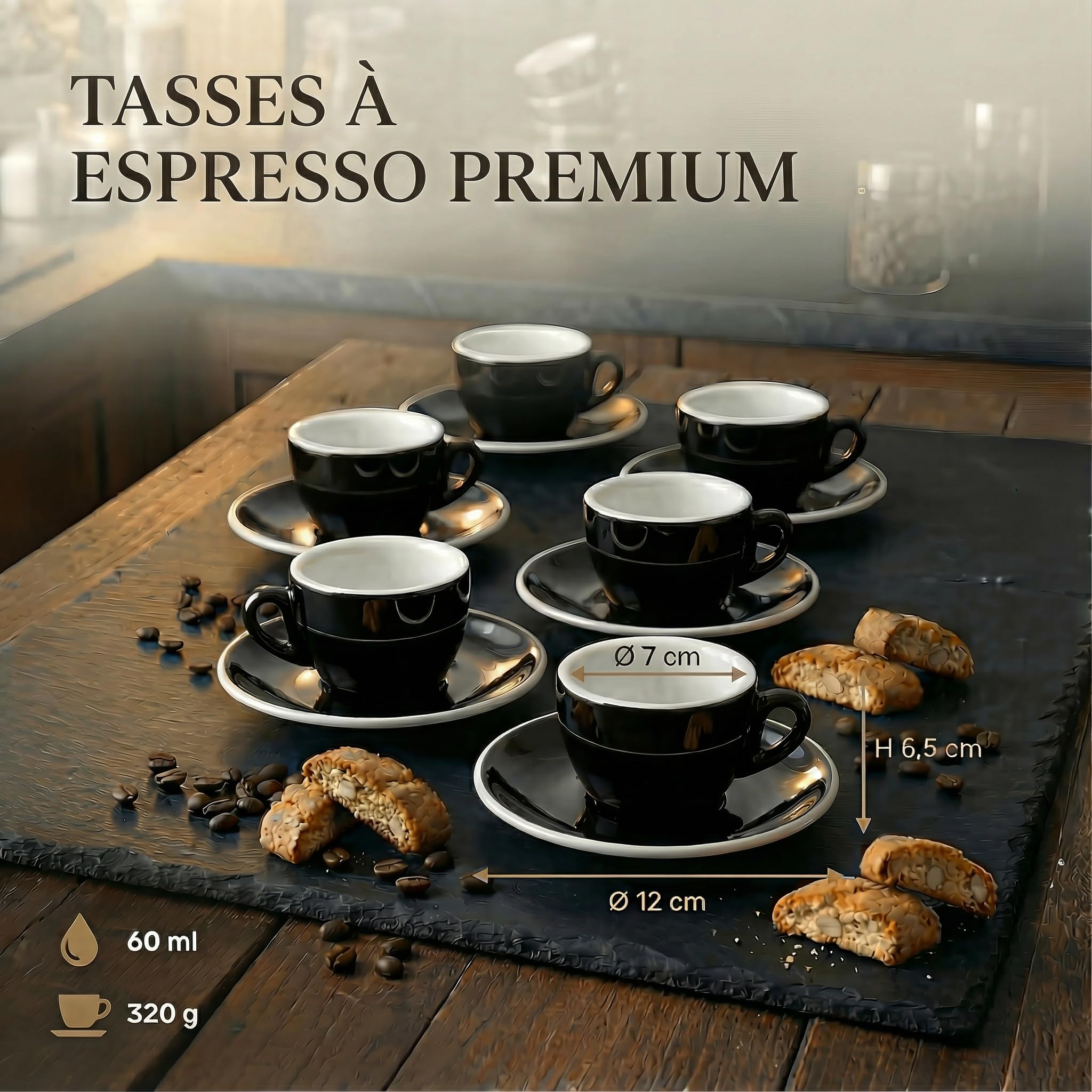 Lot de 6 tasses à expresso avec soucoupes Noir/Blanc, 60 ml Style italien Paroi extra épaisse de 0,8 cm et finition lourde Résistant au lave-vaisselle Tasses à café moka coffret cadeau