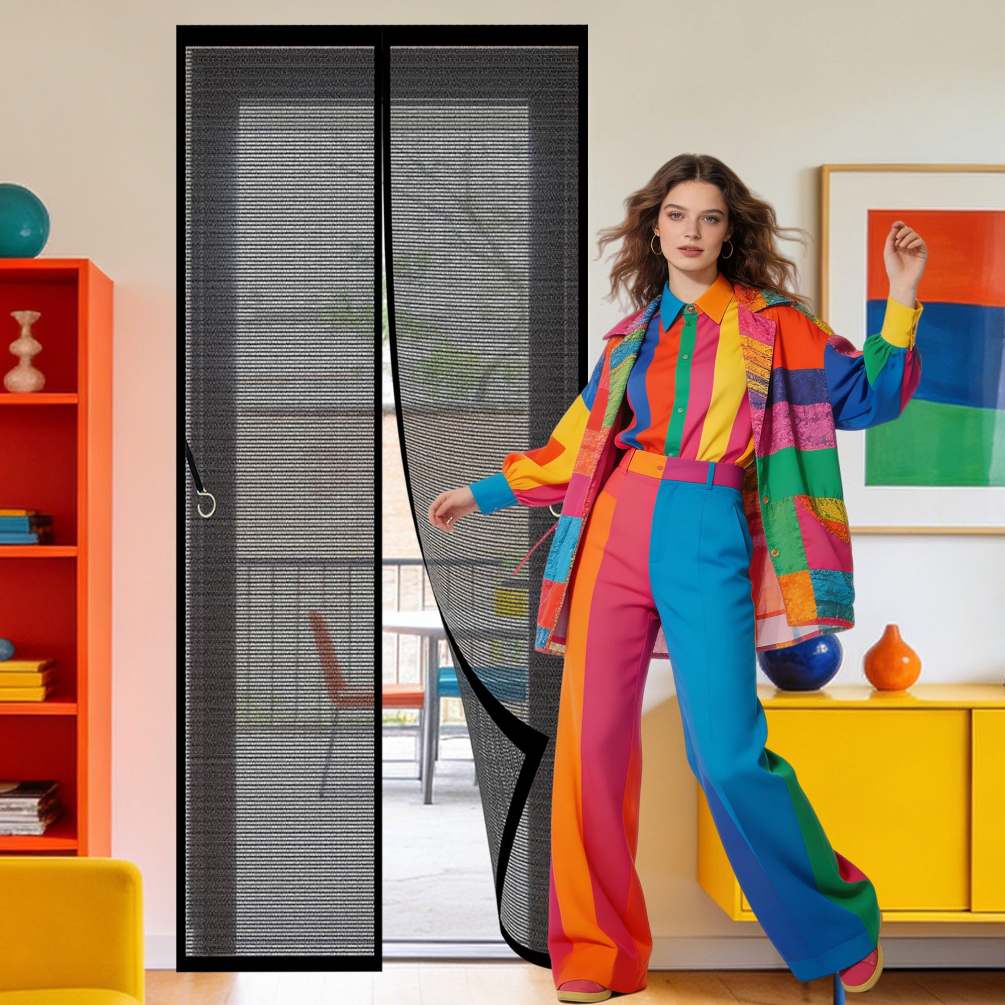 Door Fly Screen Curtain 62 x 243 cm Powerful Magnets that Snap Shut Automatically Door Fly Screen Hands Free Auto Closing for Living Room, Bedroom, Patio, Black