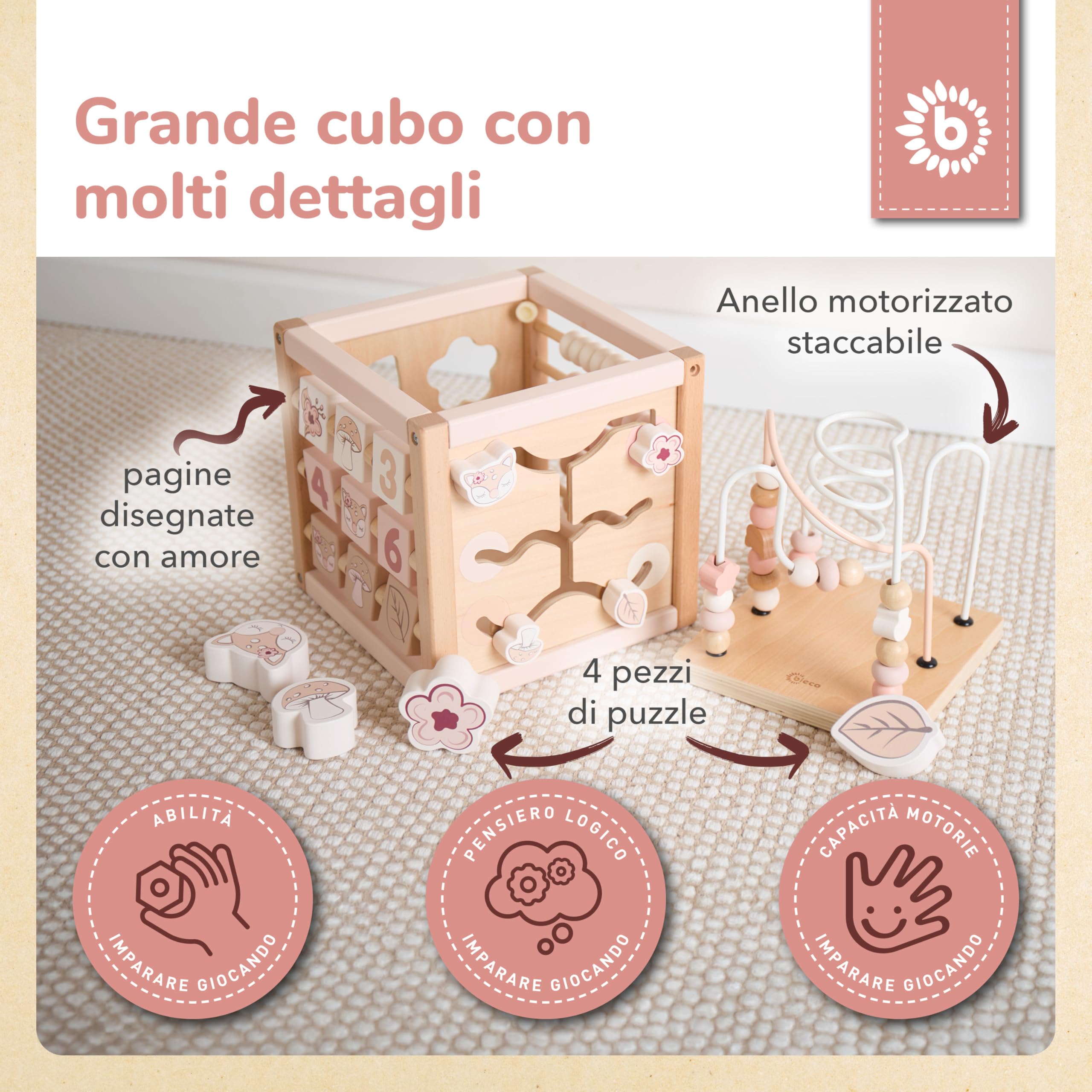 Bieco REH Ella - Cubo motorio in legno sostenibile FSC®, giocattolo per bambini, a partire da 1 anno, cubo di attività Montessori